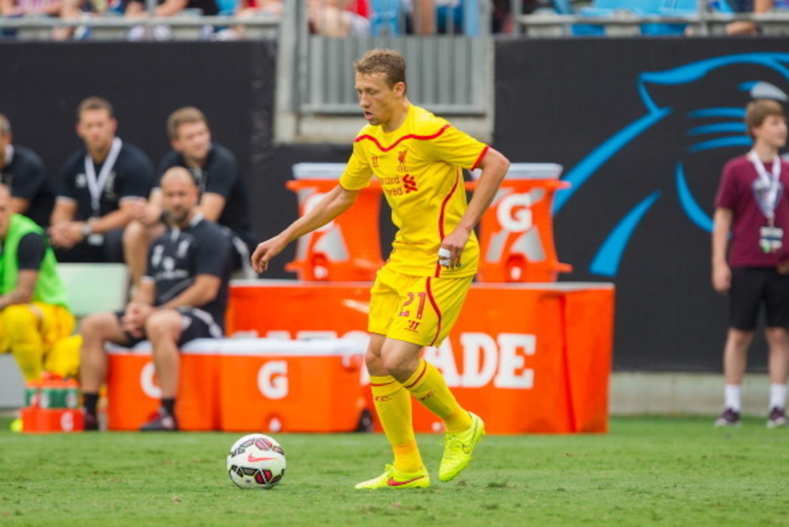 CHARLOTTE, NC - AUGUST 02: Lucas Leiva #21 of Liverpool controls the ball during first half action against A.C. Milan in the Guinness International Champions Cup at Bank of America Stadium on August 2, 2014 in Charlotte, North Carolina. Liverpool defeated
