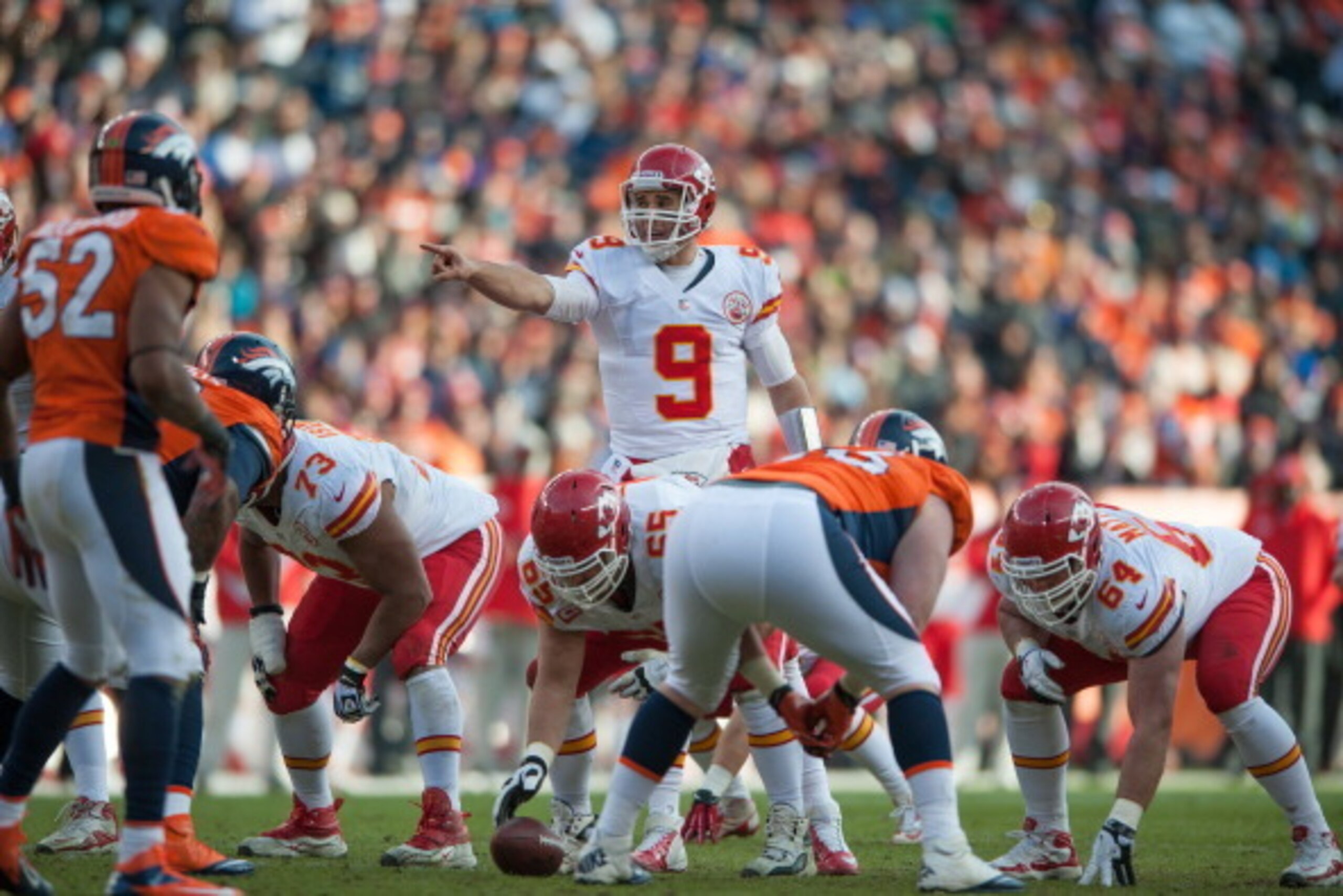 DENVER, CO - DECEMBER 30: Quarterback Brady Quinn #9 of the Kansas City Chiefs audibles at the line of scrimmage during a game against the Denver Broncos at Sports Authority Field at Mile High on December 30, 2012 in Denver, Colorado. The Broncos defeated DENVER, CO - DECEMBER 30: Quarterback Brady Quinn #9 of the Kansas City Chiefs audibles at the line of scrimmage during a game against the Denver Broncos at Sports Authority Field at Mile High on December 30, 2012 in Denver, Colorado. The Broncos defeated