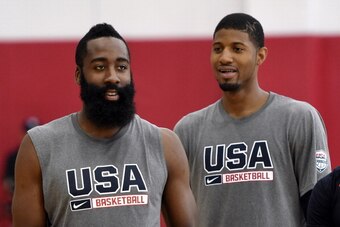 LAS VEGAS, NV - JULY 30:  James Harden #32 (L) and Paul George #29 of the 2014 USA Basketball Men's National Team set up a drill during a practice session at the Mendenhall Center on July 30, 2014 in Las Vegas, Nevada.  (Photo by Ethan Miller/Getty Images