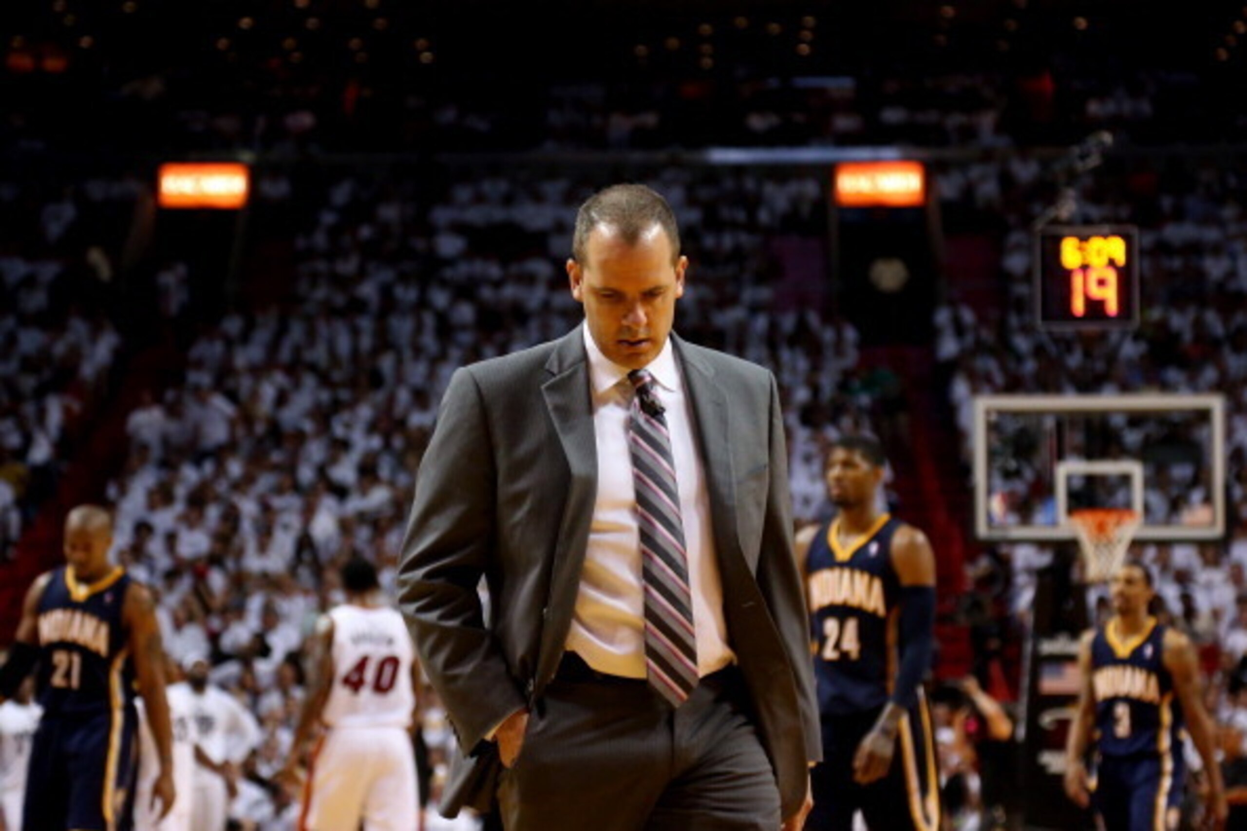 MIAMI, FL - MAY 26: Frank Vogel of the Indiana Pacers looks on against the Miami Heat during Game Four of the Eastern Conference Finals of the 2014 NBA Playoffs at American Airlines Arena on May 26, 2014 in Miami, Florida. NOTE TO USER: User expressly ack MIAMI, FL - MAY 26: Frank Vogel of the Indiana Pacers looks on against the Miami Heat during Game Four of the Eastern Conference Finals of the 2014 NBA Playoffs at American Airlines Arena on May 26, 2014 in Miami, Florida. NOTE TO USER: User expressly ack