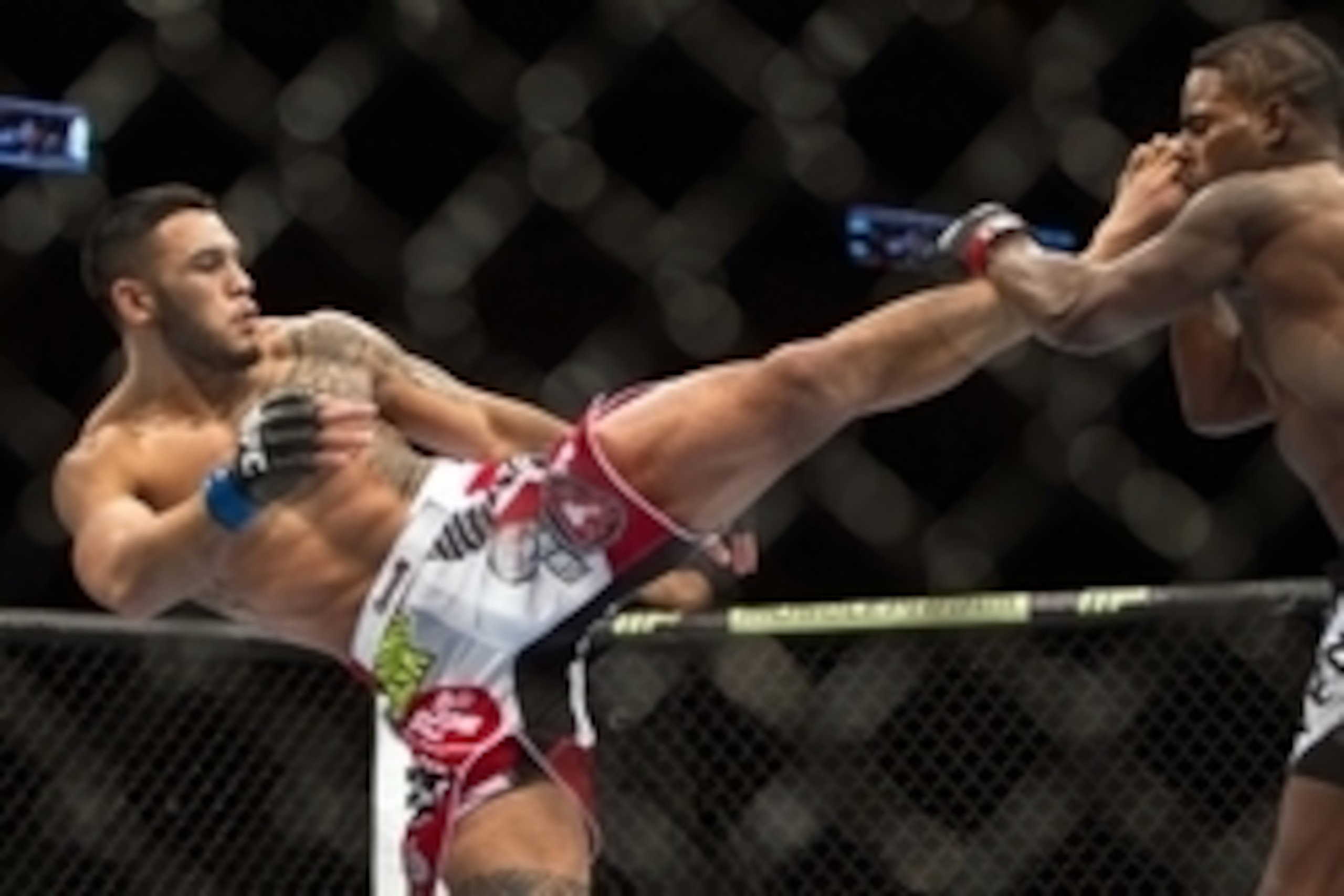 Jan 15, 2014; Duluth, GA, USA; Lorenz Larkin (red gloves) fights Brad Tavares (blue gloves) during UFC Fight Night at Gwinnett Center. Mandatory Credit: Joshua S. Kelly-USA TODAY Sports Jan 15, 2014; Duluth, GA, USA; Lorenz Larkin (red gloves) fights Brad Tavares (blue gloves) during UFC Fight Night at Gwinnett Center. Mandatory Credit: Joshua S. Kelly-USA TODAY Sports