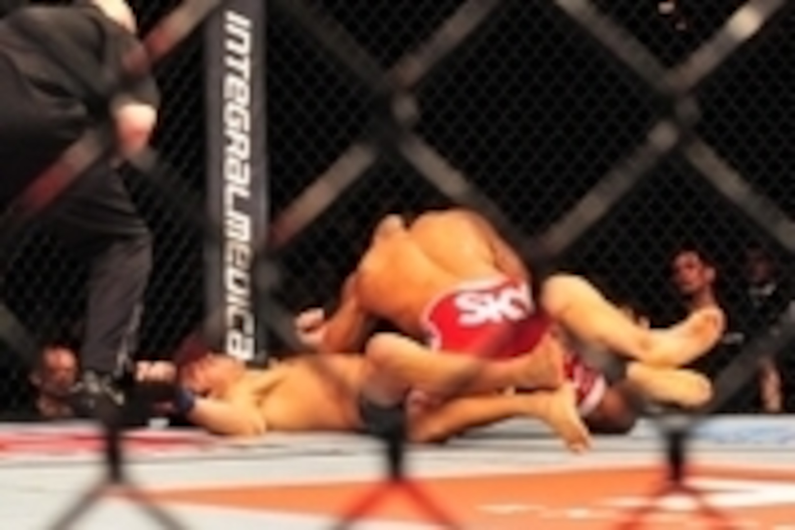May 18, 2013; Jaragua do Sul, BRAZIL; Luke Rockhold (blue shorts) fights against Vitor Belfort (red shorts) during UFC on FX 8 at ARena Jaragua. Mandatory Credit: Jason da Silva-USA TODAY Sports