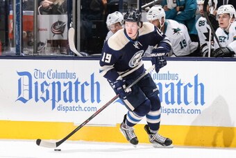 COLUMBUS, OH - MARCH 13:  Ryan Johansen #19 of the Columbus Blue Jackets skates with the puck against the San Jose Sharks on March 13, 2014 at Nationwide Arena in Columbus, Ohio. San Jose defeated Columbus 4-3 in a shootout. (Photo by Jamie Sabau/NHLI via