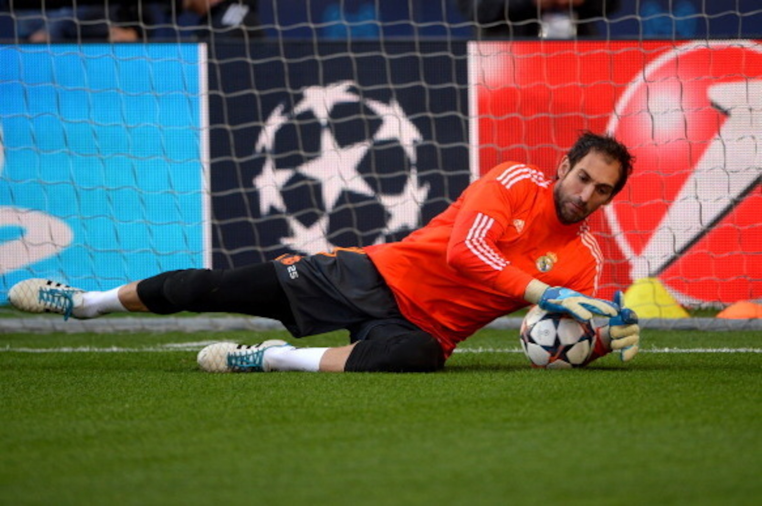 LISBON, PORTUGAL - MAY 23: Diego Lopez of Real Madrid makes a save during a Real Madrid training session ahead of the UEFA Champions League Final against Club Atletico de Madrid at Estadio da Luz on May 23, 2014 in Lisbon, Portugal.  (Photo by Michael Reg