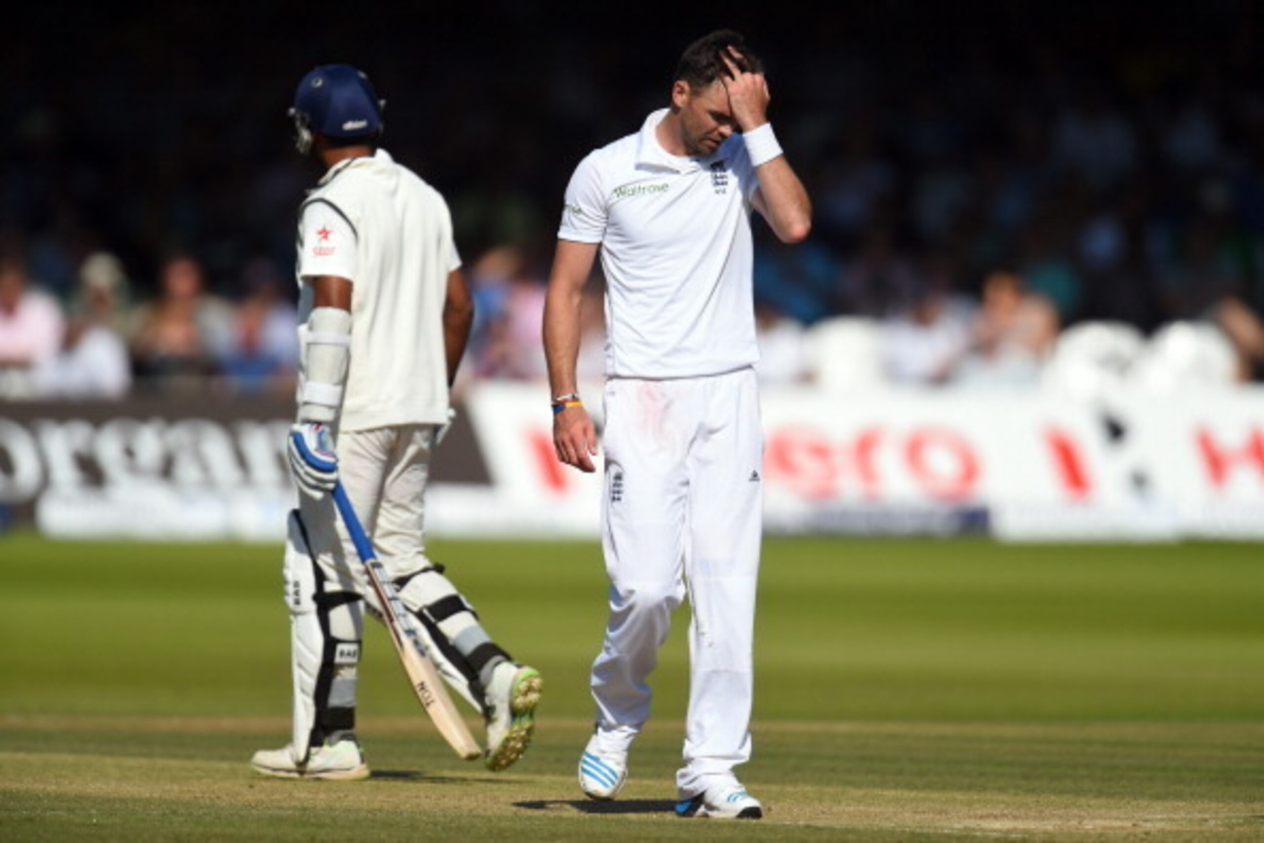 LONDON, ENGLAND - JULY 19: England bowler James Anderson reacts as the India batsmen pick up runs during day three of 2nd Investec Test match between England and India at Lord's Cricket Ground on July 19, 2014 in London, United Kingdom. (Photo by Stu F LONDON, ENGLAND - JULY 19: England bowler James Anderson reacts as the India batsmen pick up runs during day three of 2nd Investec Test match between England and India at Lord's Cricket Ground on July 19, 2014 in London, United Kingdom. (Photo by Stu F