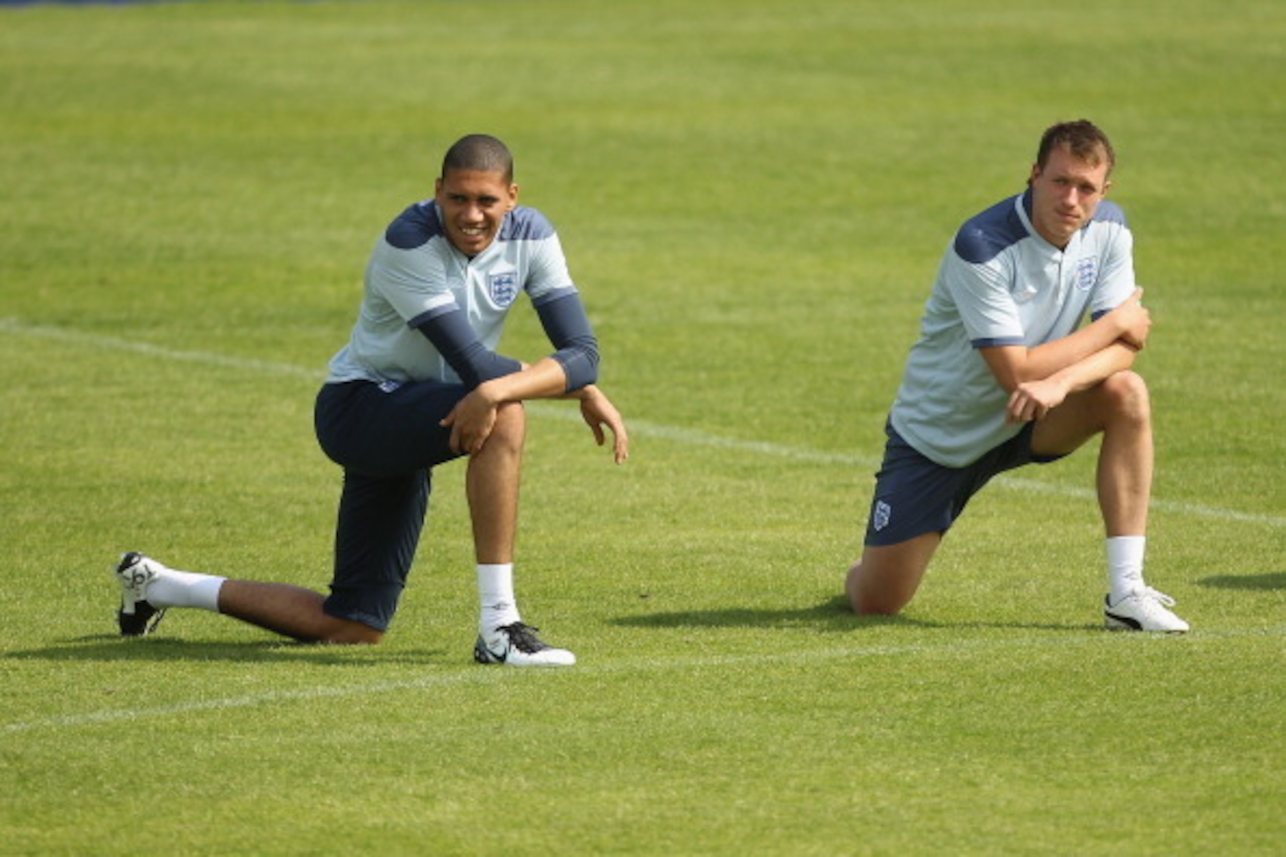 FREDERICIA, DENMARK - JUNE 11:  Chris Smalling (L) and Phil Jones (R) during the England under 21's training session at Monjasa Park stadium on June 11, 2011 in Fredericia, Denmark.  (Photo by Ian Walton/Getty Images)