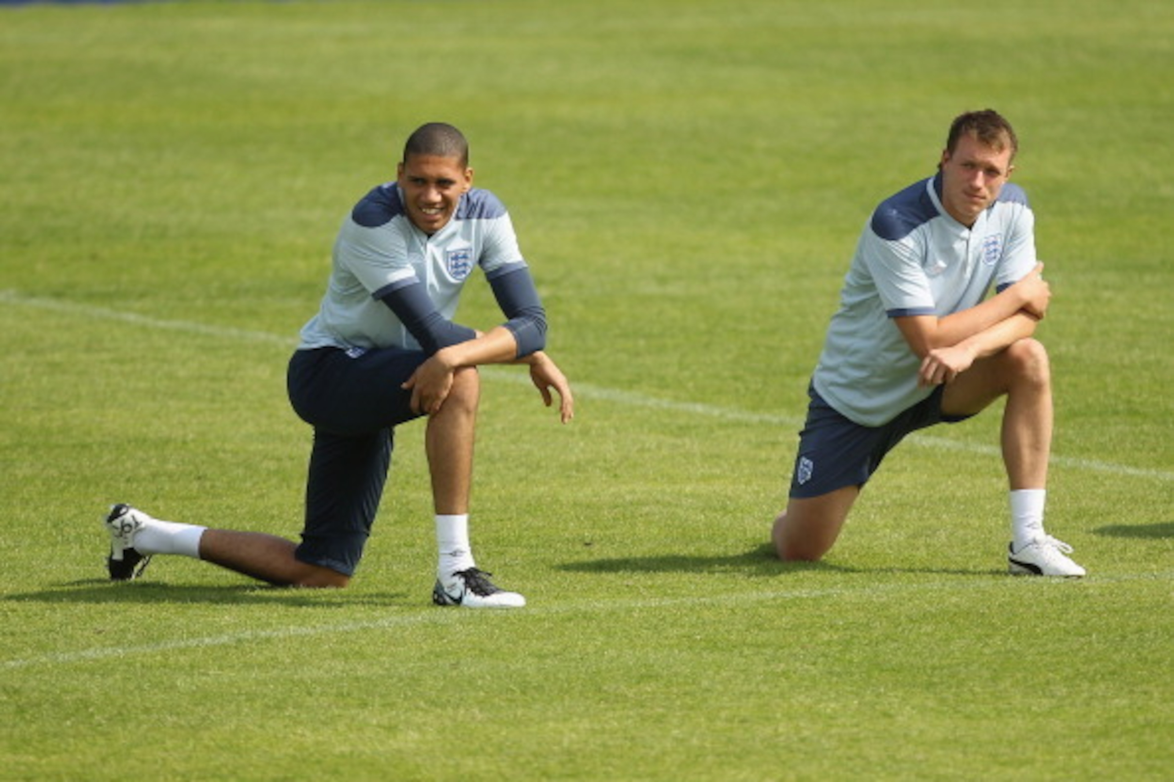 FREDERICIA, DENMARK - JUNE 11: Chris Smalling (L) and Phil Jones (R) during the England under 21's training session at Monjasa Park stadium on June 11, 2011 in Fredericia, Denmark. (Photo by Ian Walton/Getty Images) FREDERICIA, DENMARK - JUNE 11: Chris Smalling (L) and Phil Jones (R) during the England under 21's training session at Monjasa Park stadium on June 11, 2011 in Fredericia, Denmark. (Photo by Ian Walton/Getty Images)