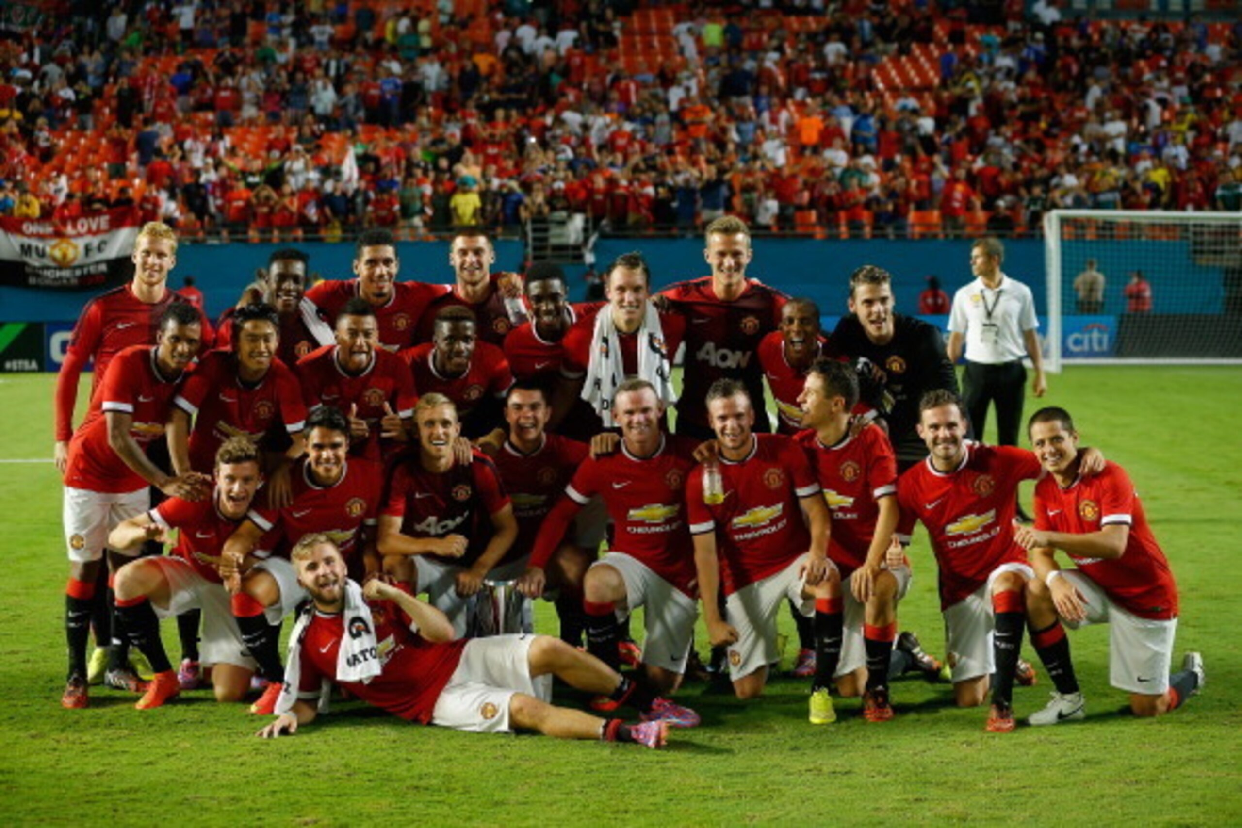 MIAMI GARDENS, FL - AUGUST 04:  Manchester United pose for a photograph following their victory over Liverpool in the Guinness International Champions Cup 2014 Final at Sun Life Stadium on August 4, 2014 in Miami Gardens, Florida. United defeated Liverpoo