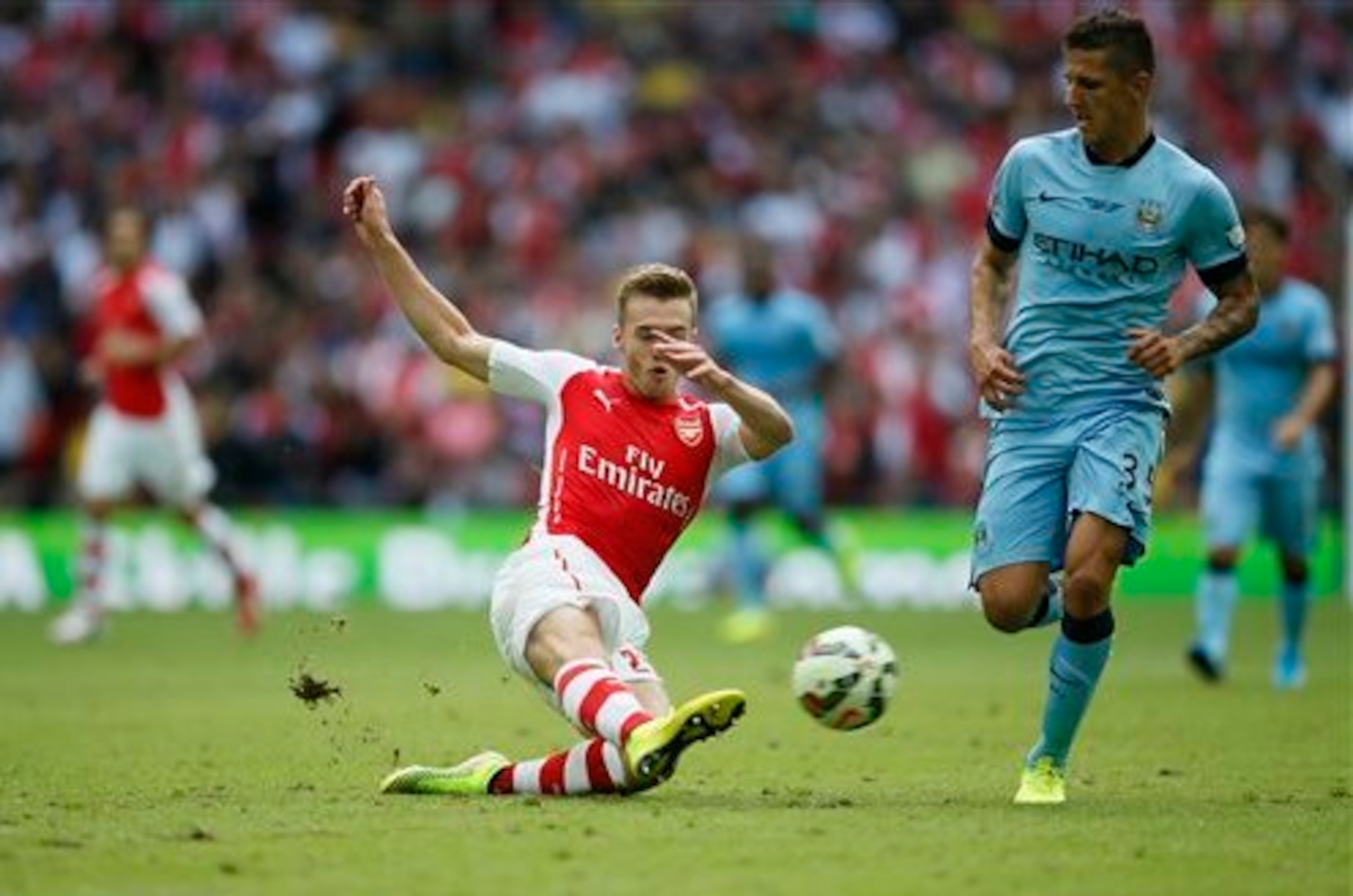 Calum Chambers, seen here combating City's Stevan Jovetic, looked every inch a Premier League-calibre player on Sunday.