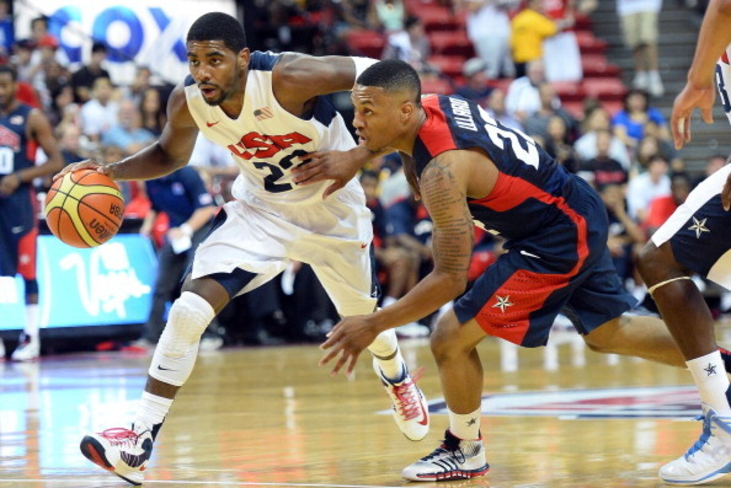 LAS VEGAS, NV - JULY 25: Kyrie Irving #23 of the 2013 USA Basketball Men's National Team drives against Damian Lillard #22 of the 2013 USA Basketball Men's National Team during a USA Basketball showcase at the Thomas & Mack Center on July 25, 2013 in Las LAS VEGAS, NV - JULY 25: Kyrie Irving #23 of the 2013 USA Basketball Men's National Team drives against Damian Lillard #22 of the 2013 USA Basketball Men's National Team during a USA Basketball showcase at the Thomas & Mack Center on July 25, 2013 in Las