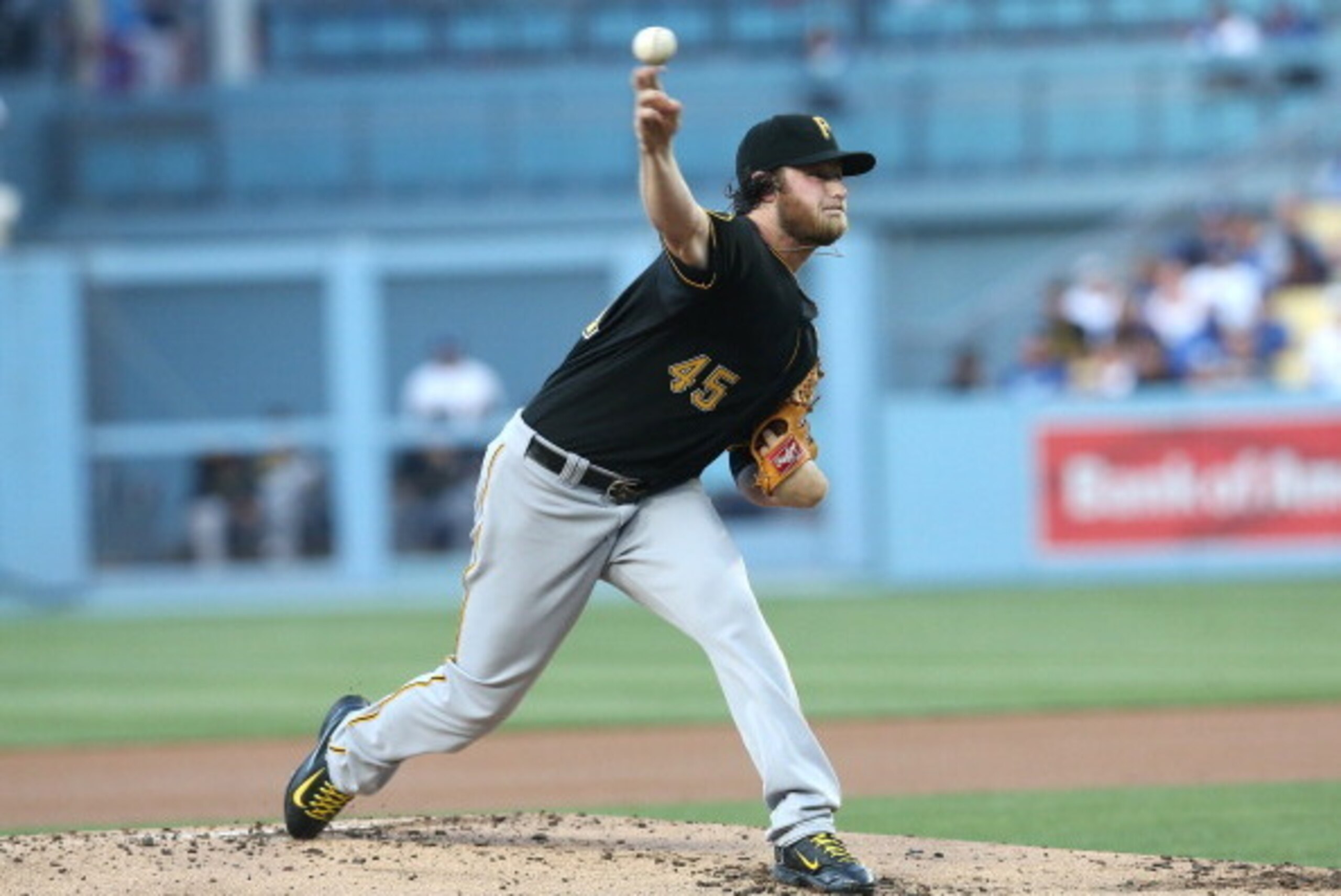 LOS ANGELES, CA - MAY 29:  Gerrit Cole #45 of the Pittsburgh Pirates throws a pitch against the Los Angeles Dodgers at Dodger Stadium on May 29, 2014 in Los Angeles, California.  (Photo by Stephen Dunn/Getty Images)