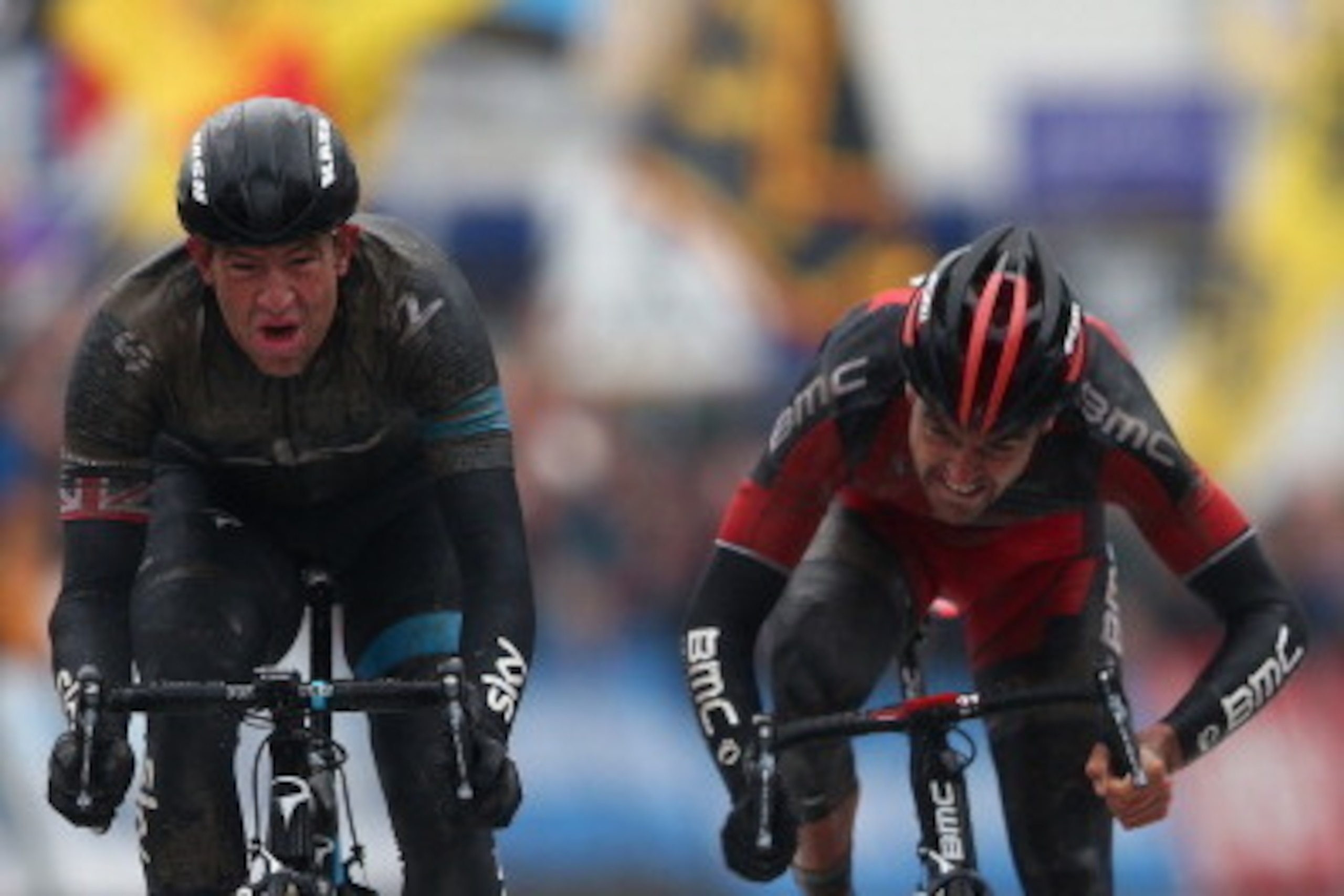 GHENT, BELGIUM - MARCH 01: Ian Stannard (L) of Great Britain and Team Sky claims victory from Greg Van Avermaet (R) of Belgium and BMC Racing Team during the Omloop Het Nieuwsblad on March 1, 2014 in Ghent, Belgium. (Photo by Michael Steele - Velo/Getty GHENT, BELGIUM - MARCH 01: Ian Stannard (L) of Great Britain and Team Sky claims victory from Greg Van Avermaet (R) of Belgium and BMC Racing Team during the Omloop Het Nieuwsblad on March 1, 2014 in Ghent, Belgium. (Photo by Michael Steele - Velo/Getty