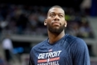 Feb 22, 2014; Auburn Hills, MI, USA; Detroit Pistons power forward Greg Monroe (10) warms up before the game against the Dallas Mavericks at The Palace of Auburn Hills. Mandatory Credit: Tim Fuller-USA TODAY Sports