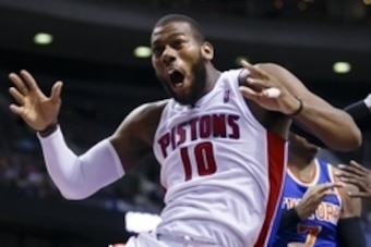 Nov 19, 2013; Auburn Hills, MI, USA; Detroit Pistons power forward Greg Monroe (10) reacts to being fouled in the fourth quarter against the New York Knicks at The Palace of Auburn Hills. Detroit 92-86. Mandatory Credit: Rick Osentoski-USA TODAY Sports