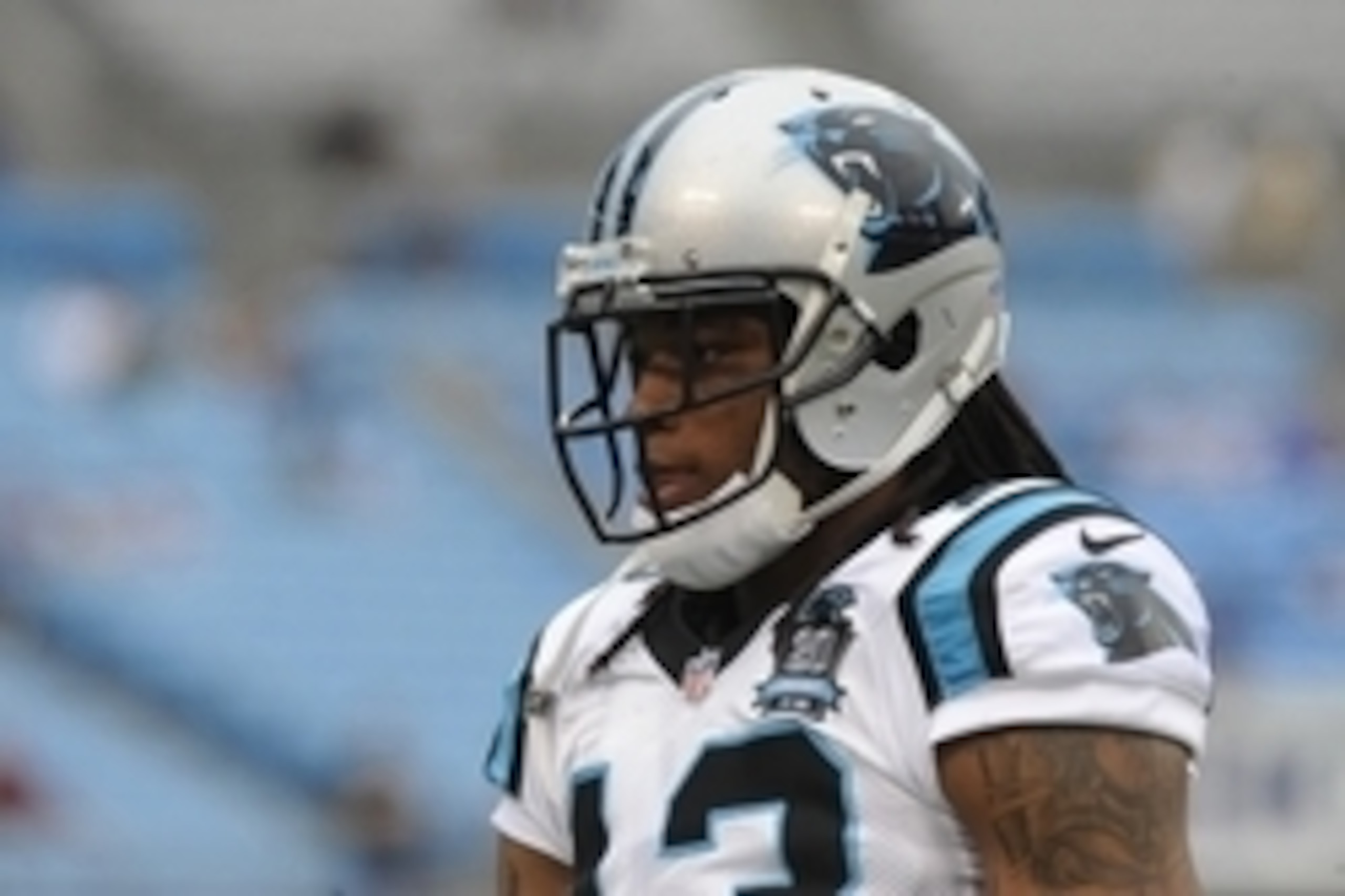 Aug 8, 2014; Charlotte, NC, USA; Carolina Panthers wide receiver Kelvin Benjamin (13) warms up before the game against the Buffalo Bills at Bank of America Stadium. Mandatory Credit: Sam Sharpe-USA TODAY Sports