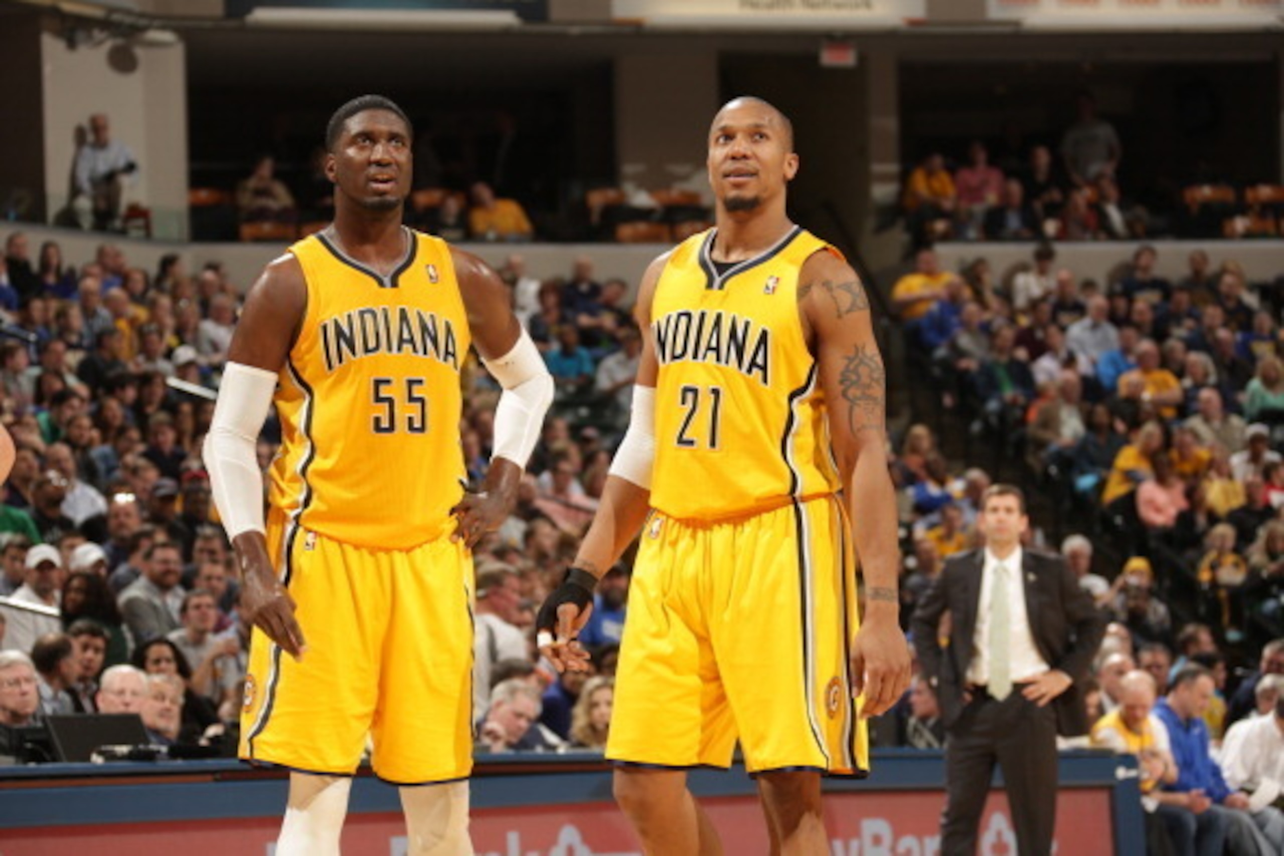 INDIANAPOLIS - MARCH 11: Roy Hibbert #55 and David West #21 of the Indiana Pacers look on during the game against the Boston Celtics at Bankers Life Fieldhouse on March 11, 2014 in Indianapolis, Indiana. NOTE TO USER: User expressly acknowledges and agre INDIANAPOLIS - MARCH 11: Roy Hibbert #55 and David West #21 of the Indiana Pacers look on during the game against the Boston Celtics at Bankers Life Fieldhouse on March 11, 2014 in Indianapolis, Indiana. NOTE TO USER: User expressly acknowledges and agre