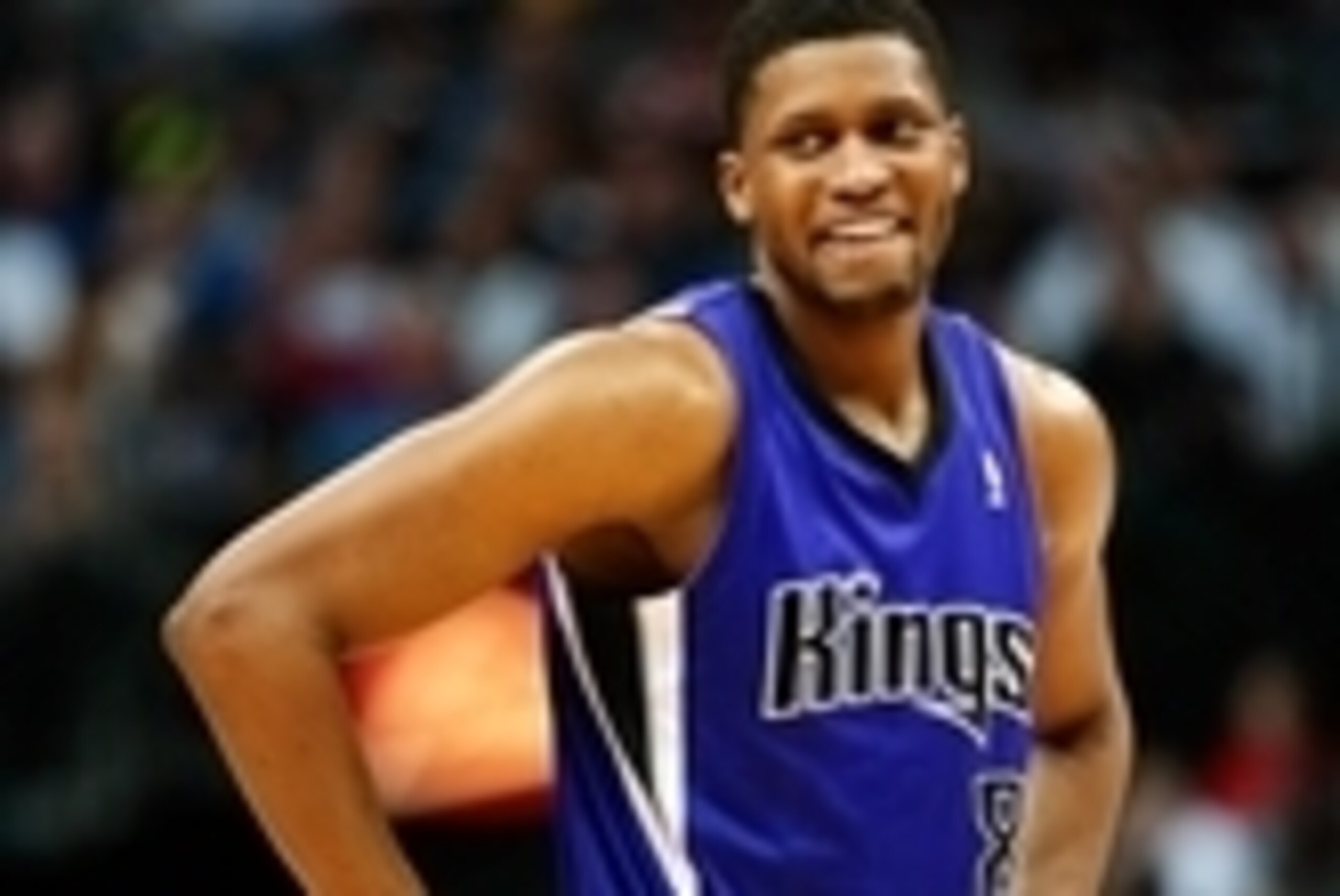 Jan 31, 2014; Dallas, TX, USA; Sacramento Kings small forward Rudy Gay (8) laughs during the game against the Dallas Mavericks at American Airlines Center. Mandatory Credit: Kevin Jairaj-USA TODAY Sports
