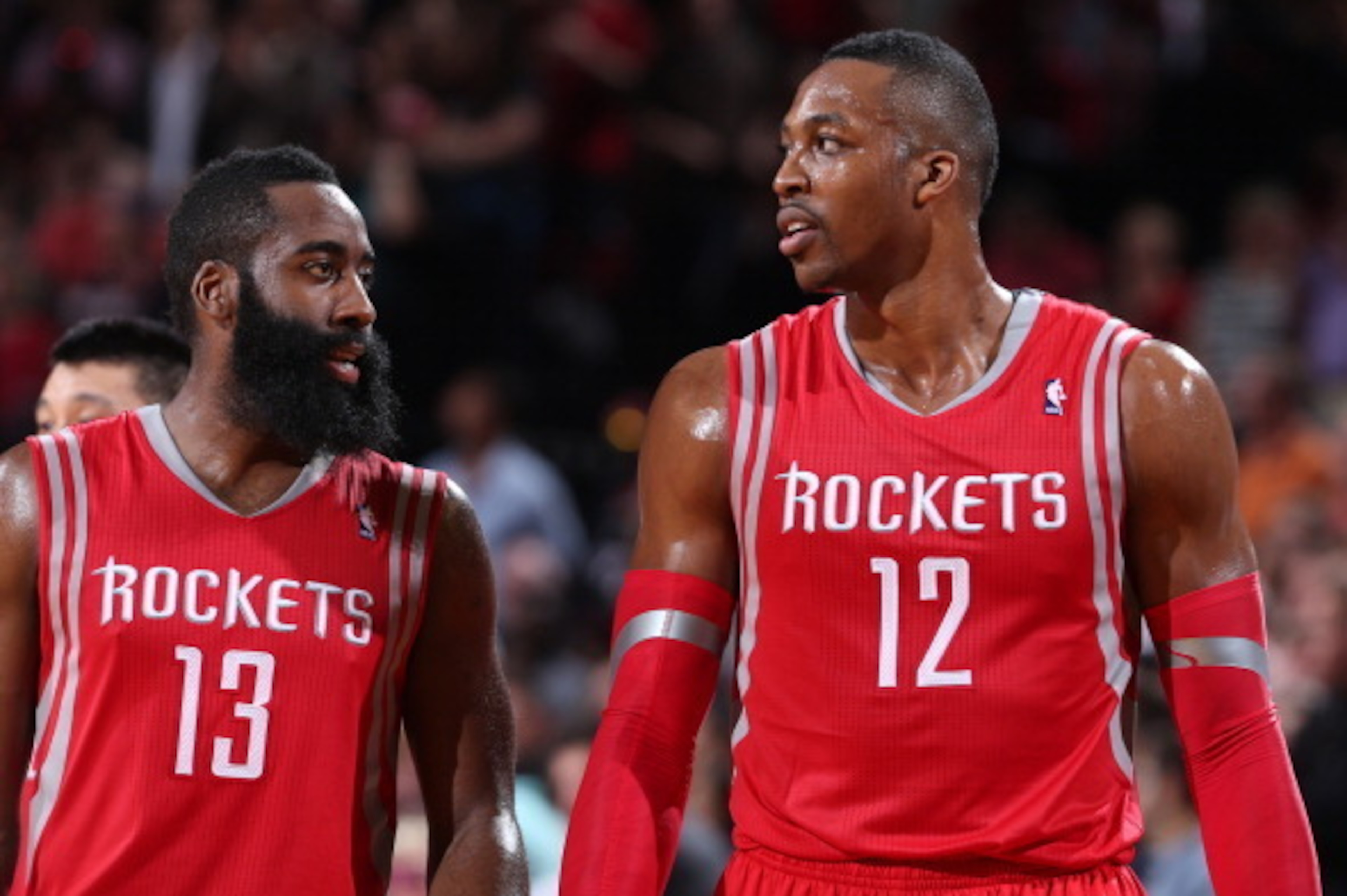 PORTLAND, OR - MAY 2: James Harden #13 and Dwight Howard #12 of the Houston Rockets during a game against the Portland Trail Blazers in Game Six of the Western Conference Quarterfinals during the 2014 NBA Playoffs on May 2, 2014 at the Moda Center in Port