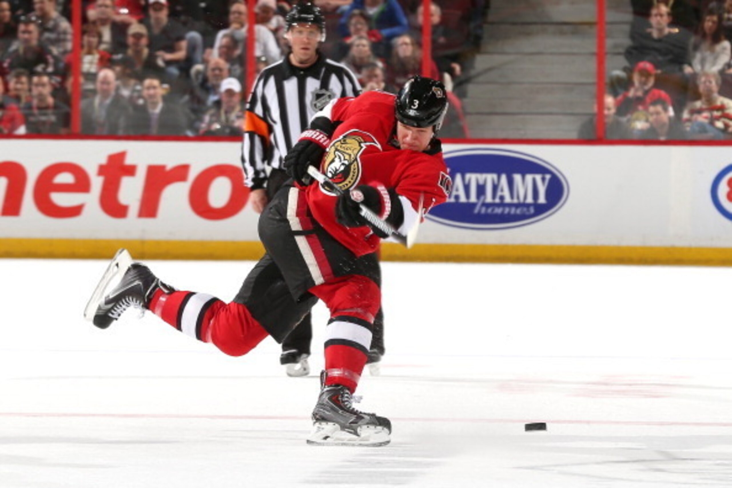 OTTAWA, ON - APRIL 10: Marc Methot #3 of the Ottawa Senators shoots the puck against the New Jersey Devils at Canadian Tire Centre on April 10, 2014 in Ottawa, Ontario, Canada.  (Photo by Andre Ringuette/NHLI via Getty Images)