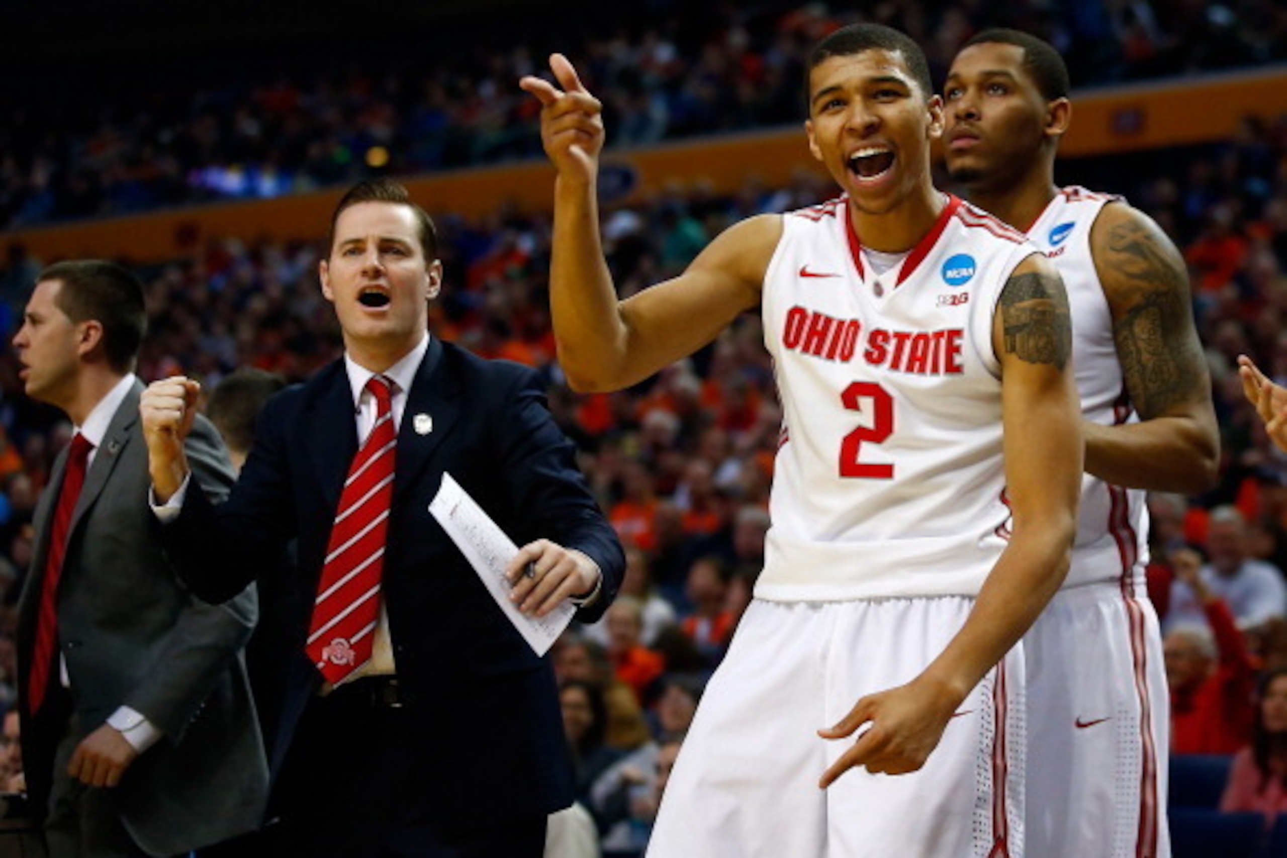BUFFALO, NY - MARCH 20:  Marc Loving #2 of the Ohio State Buckeyes reacts after hitting a shot against the Dayton Flyers during the second round of the 2014 NCAA Men's Basketball Tournament at the First Niagara Center on March 20, 2014 in Buffalo, New Yor