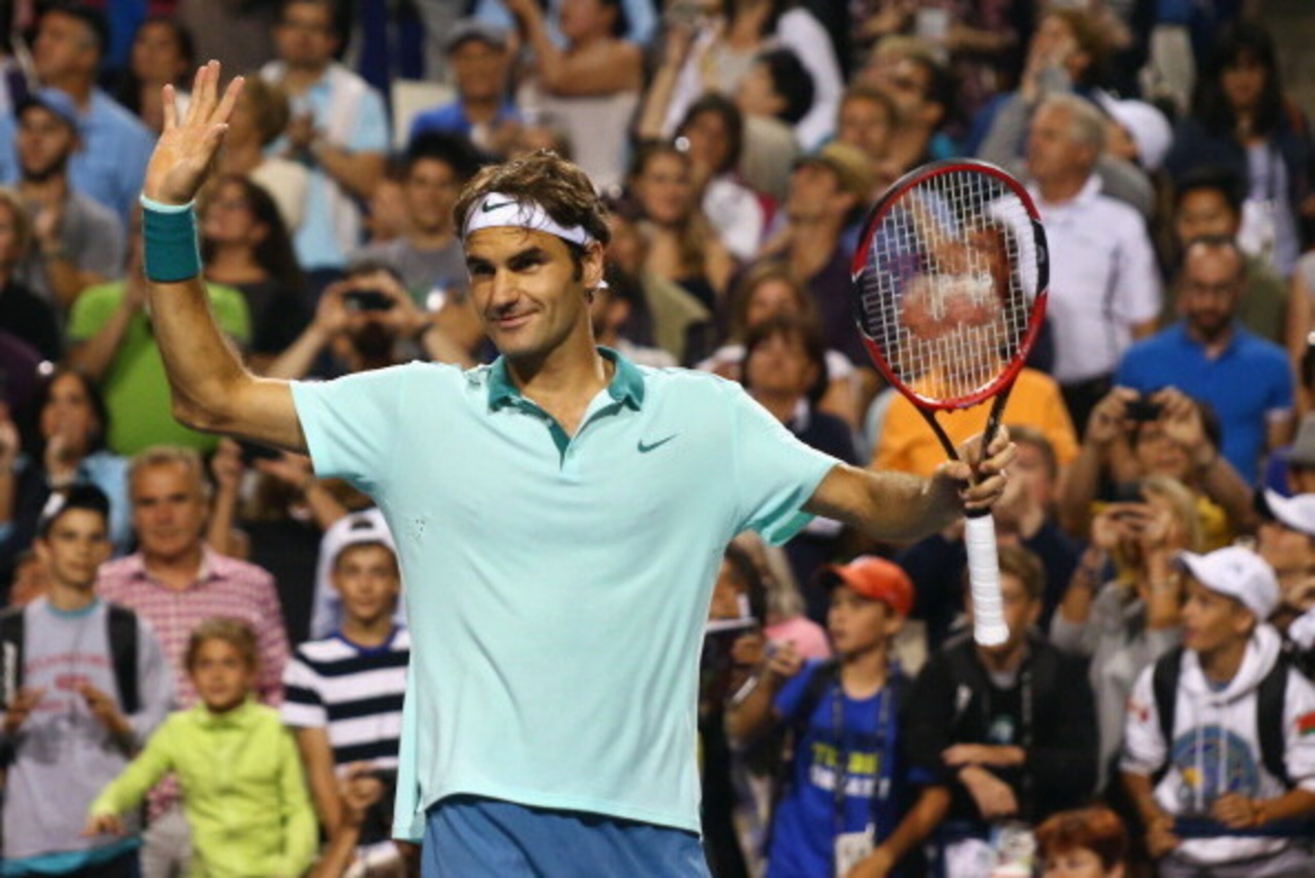 TORONTO, ON - AUGUST 09:  Roger Federer of Switzerland celebrates his semifinals win against Feliciano Lopez of Spain during Rogers Cup at Rexall Centre at York University on August 9, 2014 in Toronto, Canada.  (Photo by Ronald Martinez/Getty Images)
