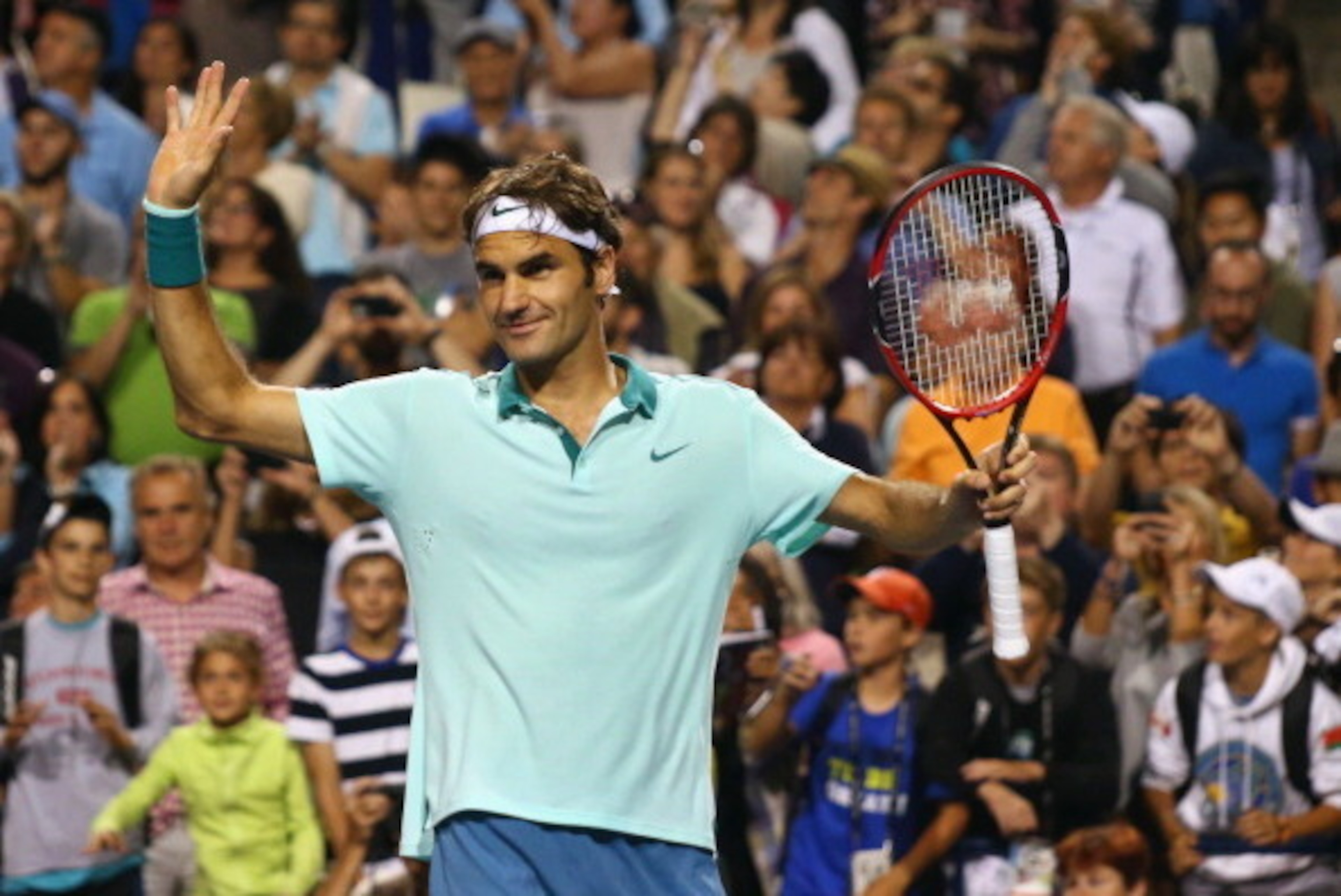 TORONTO, ON - AUGUST 09:  Roger Federer of Switzerland celebrates his semifinals win against Feliciano Lopez of Spain during Rogers Cup at Rexall Centre at York University on August 9, 2014 in Toronto, Canada.  (Photo by Ronald Martinez/Getty Images)