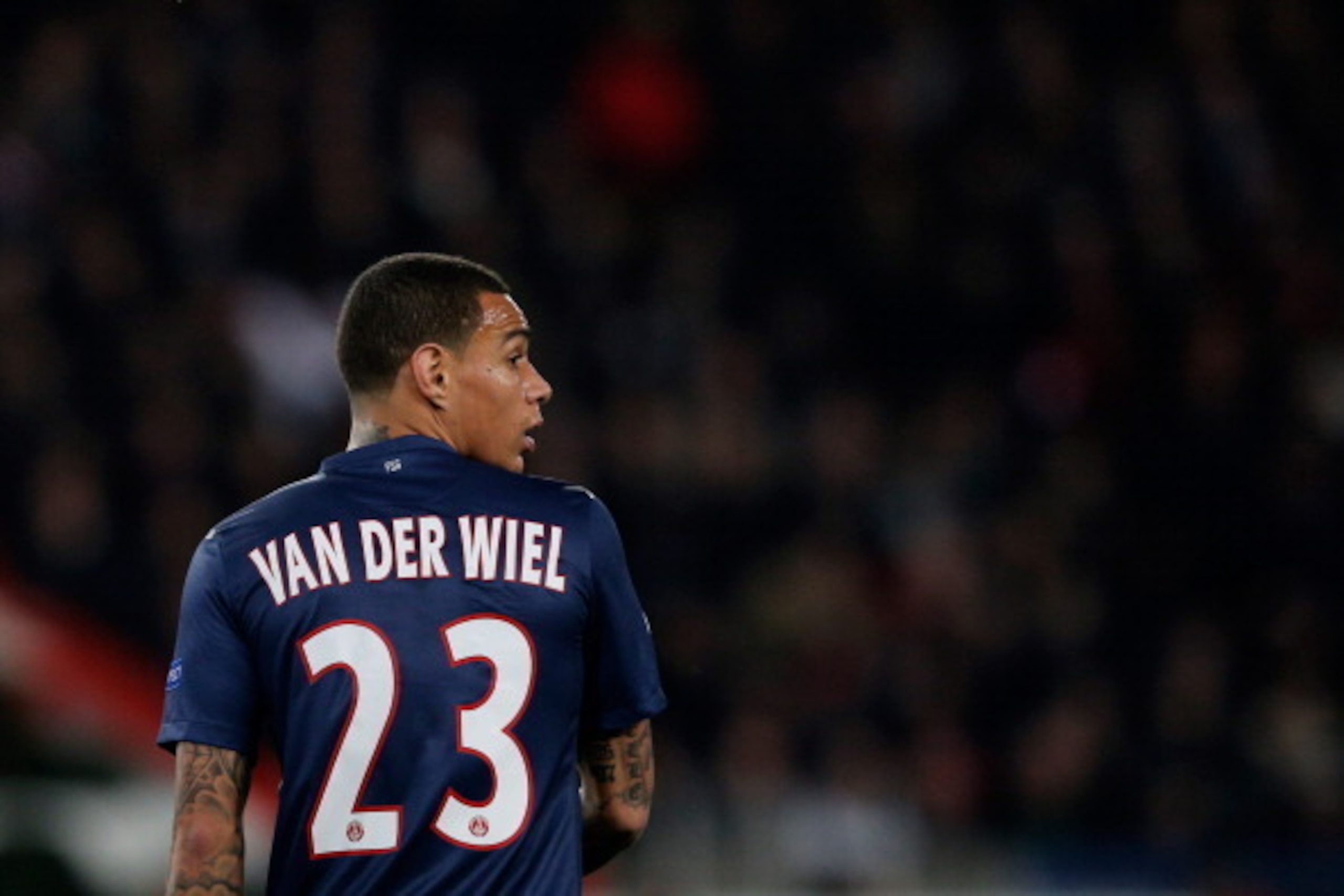 PARIS, FRANCE - MARCH 06: Gregory Van Der Wiel of PSG in action during the Round of 16 UEFA Champions League match between Paris St Germain and Valencia CF at Parc des Princes on March 6, 2013 in Paris, France. (Photo by Dean Mouhtaropoulos/Getty Images PARIS, FRANCE - MARCH 06: Gregory Van Der Wiel of PSG in action during the Round of 16 UEFA Champions League match between Paris St Germain and Valencia CF at Parc des Princes on March 6, 2013 in Paris, France. (Photo by Dean Mouhtaropoulos/Getty Images