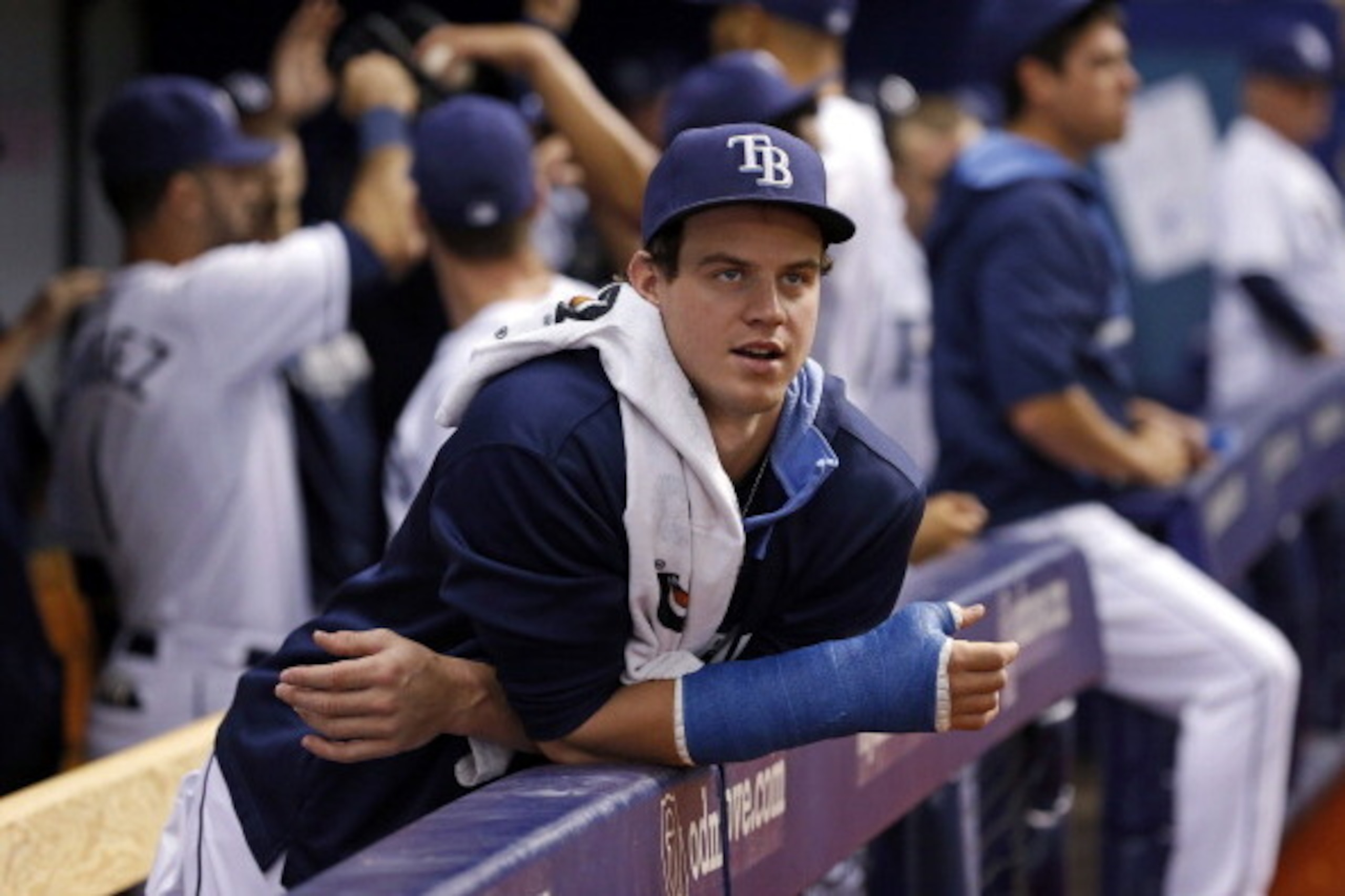 ST. PETERSBURG, FL - JUNE 4:  Injured Wil Myers #9 of the Tampa Bay Rays reacts between innings of a baseball 
game against the Miami Marlins at Tropicana Field on June 4, 2014 in St. Petersburg, Florida. (Photo by Mike Carlson/Getty Images)