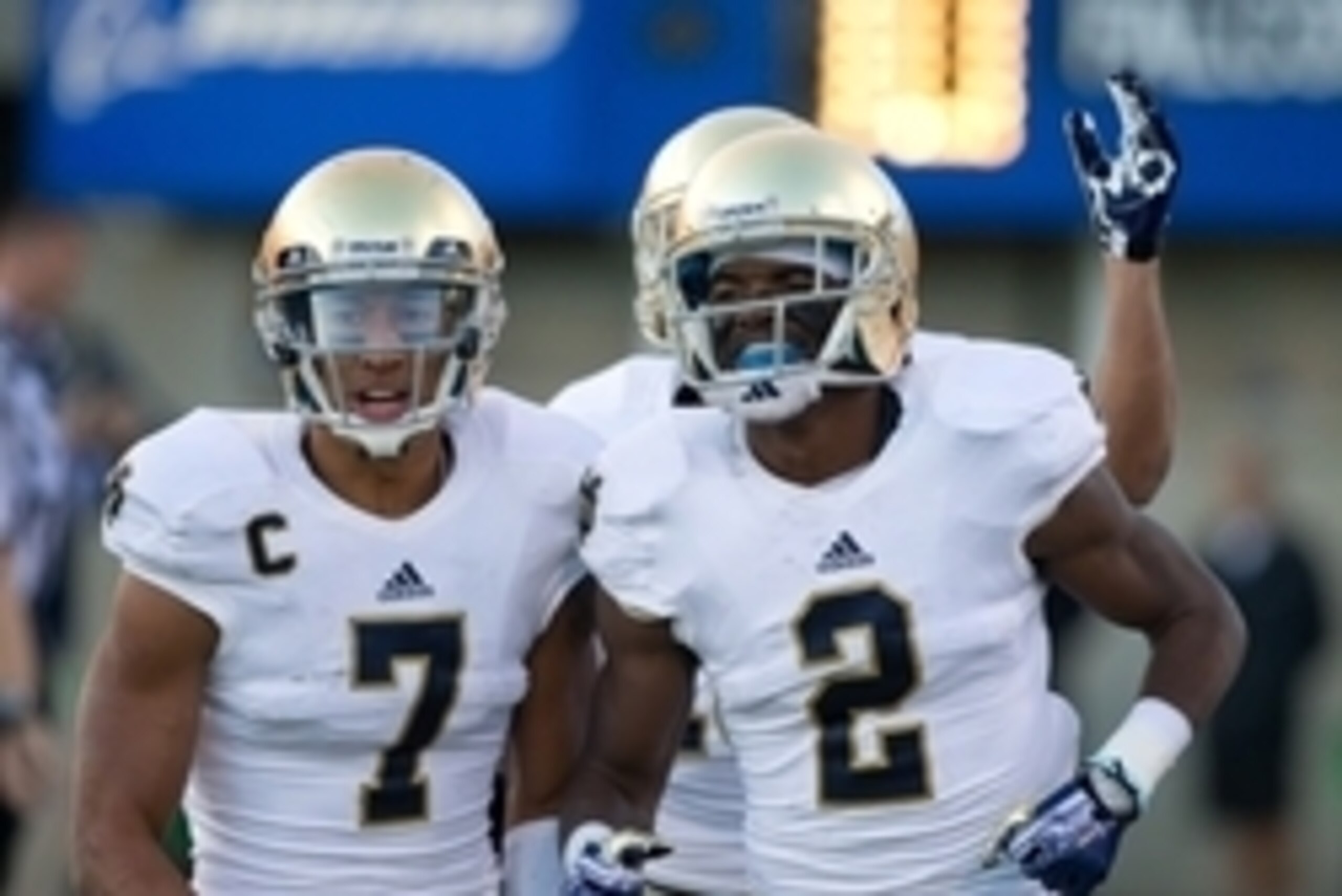 Oct 26, 2013; Colorado Springs, CO, USA; Notre Dame Fighting Irish wide receiver Chris Brown (2) celebrates with wide receiver TJ Jones (7) after Brown caught a pass for a touchdown in the third quarter against the Air Force Falcons at Falcon Stadium. Man Oct 26, 2013; Colorado Springs, CO, USA; Notre Dame Fighting Irish wide receiver Chris Brown (2) celebrates with wide receiver TJ Jones (7) after Brown caught a pass for a touchdown in the third quarter against the Air Force Falcons at Falcon Stadium. Man