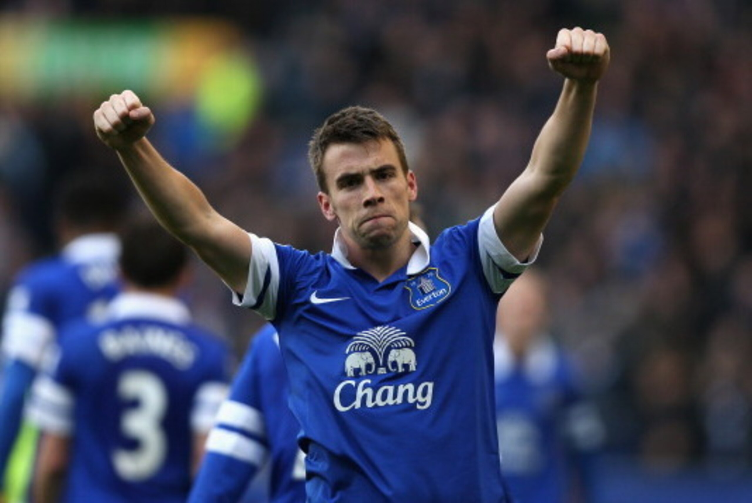 LIVERPOOL, ENGLAND - MARCH 15:  Seamus Coleman of Everton celebrates scoring the winning goal during the Barclays Premier League match between Everton and Cardiff City at Goodison Park on March 15, 2014 in Liverpool, England.  (Photo by Clive Brunskill/Ge