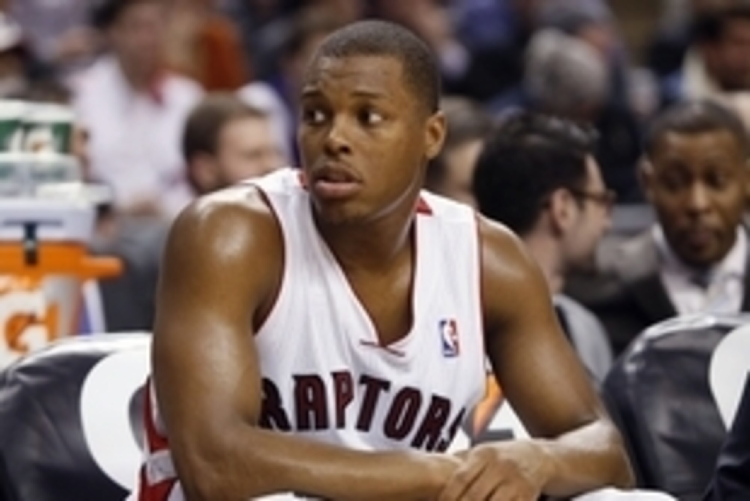 Mar 12, 2014; Toronto, Ontario, CAN; Toronto Raptors guard Kyle Lowry (7) during a break in the action against the Detroit Pistons in the second half at the Air Canada Centre. Toronto defeated Detroit 101-87. Mandatory Credit: John E. Sokolowski-USA TODAY