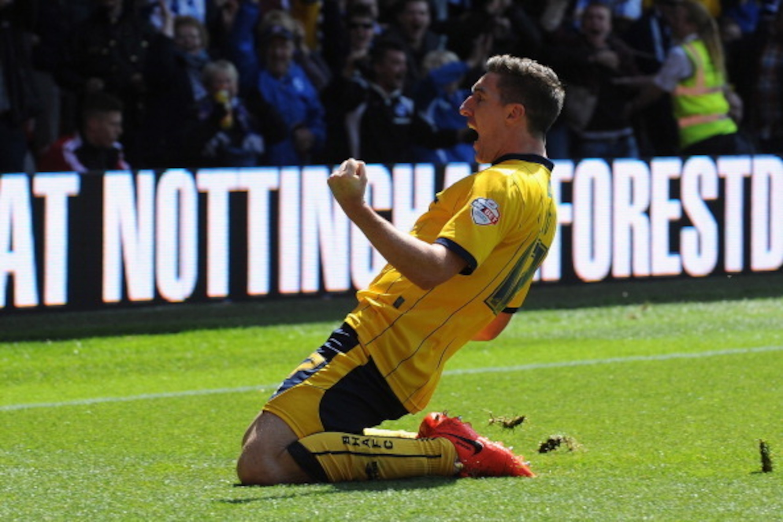 NOTTINGHAM, ENGLAND - MAY 03: Stephen Ward of Brighton & Hove Albion celebrates scoring their first goal during the Sky Bet Championship match between Nottingham Forest and Brighton & Hove Albion at City Ground on May 03, 2014 in Nottingham, England, (P NOTTINGHAM, ENGLAND - MAY 03: Stephen Ward of Brighton & Hove Albion celebrates scoring their first goal during the Sky Bet Championship match between Nottingham Forest and Brighton & Hove Albion at City Ground on May 03, 2014 in Nottingham, England, (P