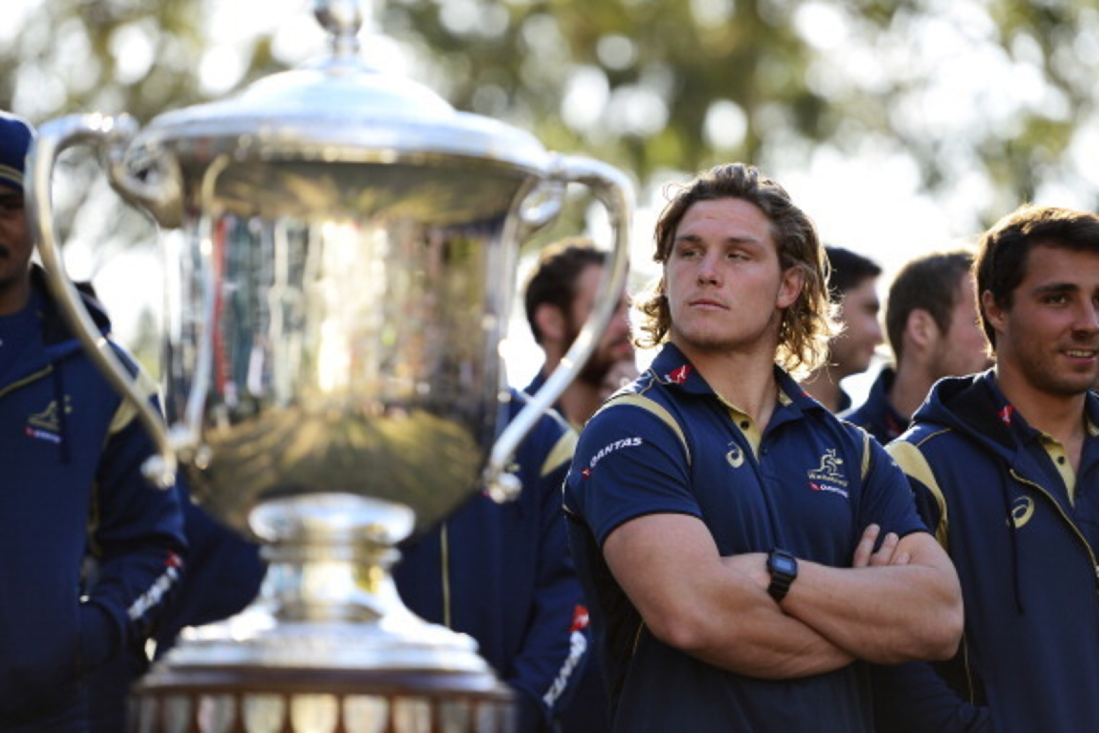 PENRITH, AUSTRALIA - AUGUST 08: Michael Hooper of the Wallabies stands infront of the Bledisloe Cup during an Australian Wallabies fan day event at The Mondo on August 8, 2014 in Penrith, Australia. (Photo by Brett Hemmings/Getty Images) PENRITH, AUSTRALIA - AUGUST 08: Michael Hooper of the Wallabies stands infront of the Bledisloe Cup during an Australian Wallabies fan day event at The Mondo on August 8, 2014 in Penrith, Australia. (Photo by Brett Hemmings/Getty Images)