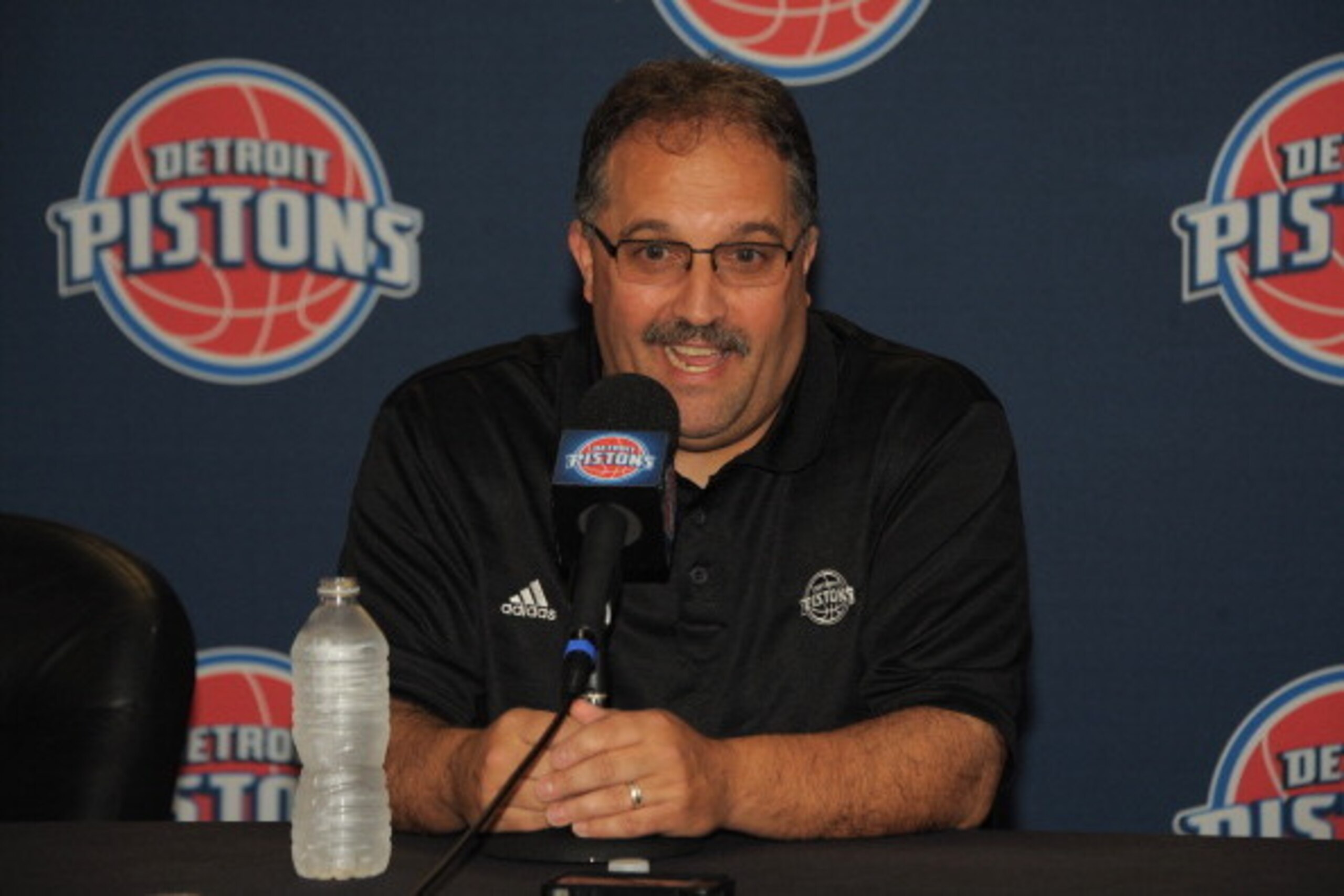 AUBURN HILLS - JULY 15: Detroit Pistons Head Coach and President of Basketball Operations Stan Van Gundy introduces Caron Butler #31 and D.J. Augustin #14 at a press conference on July 15, 2014 at Palace of Auburn Hills in Auburn Hills, Michigan.NOTE TO U