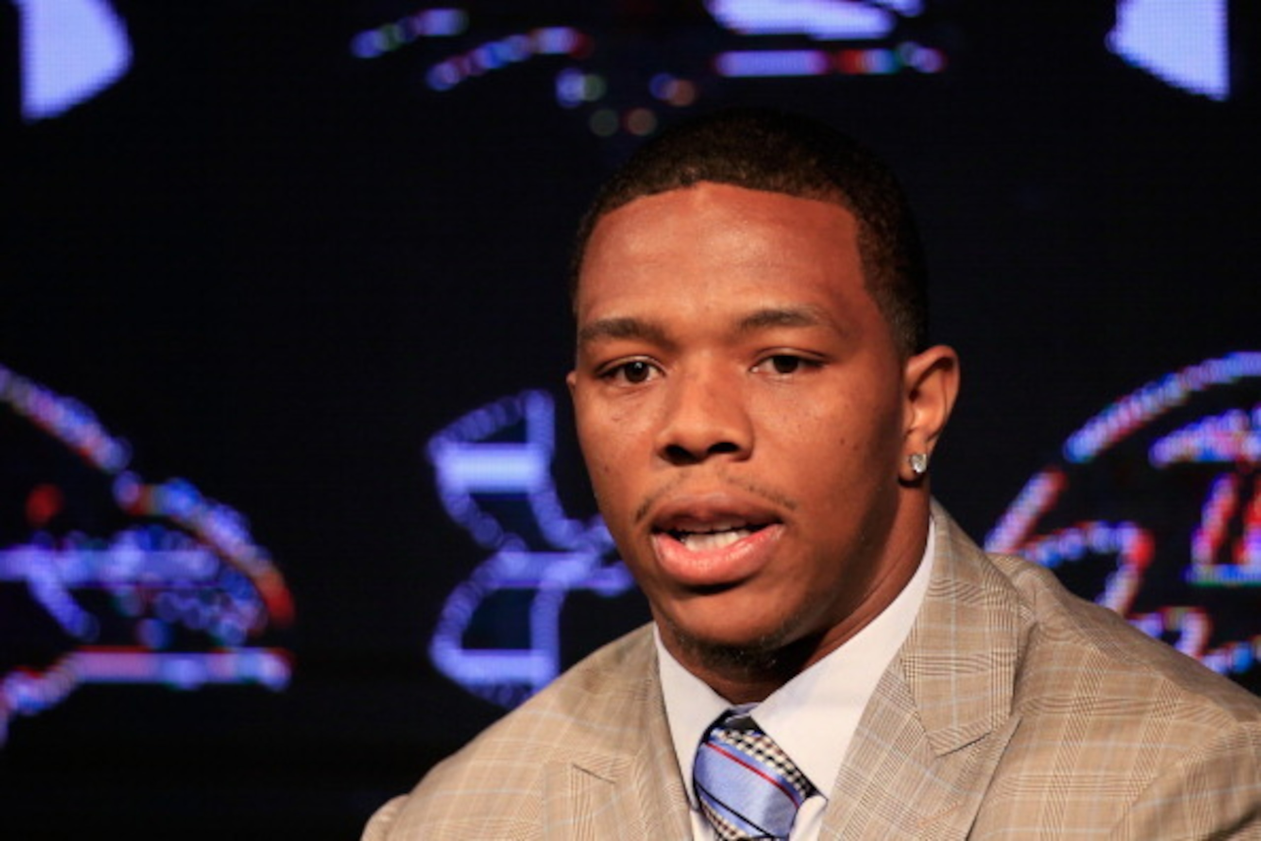 OWINGS MILLS, MD - MAY 23:  Running back Ray Rice of the Baltimore Ravens addresses a news conference with his wife Janay (not pictured) at the Ravens training center on May 23, 2014 in Owings Mills, Maryland. Rice spoke publicly for the first time since 