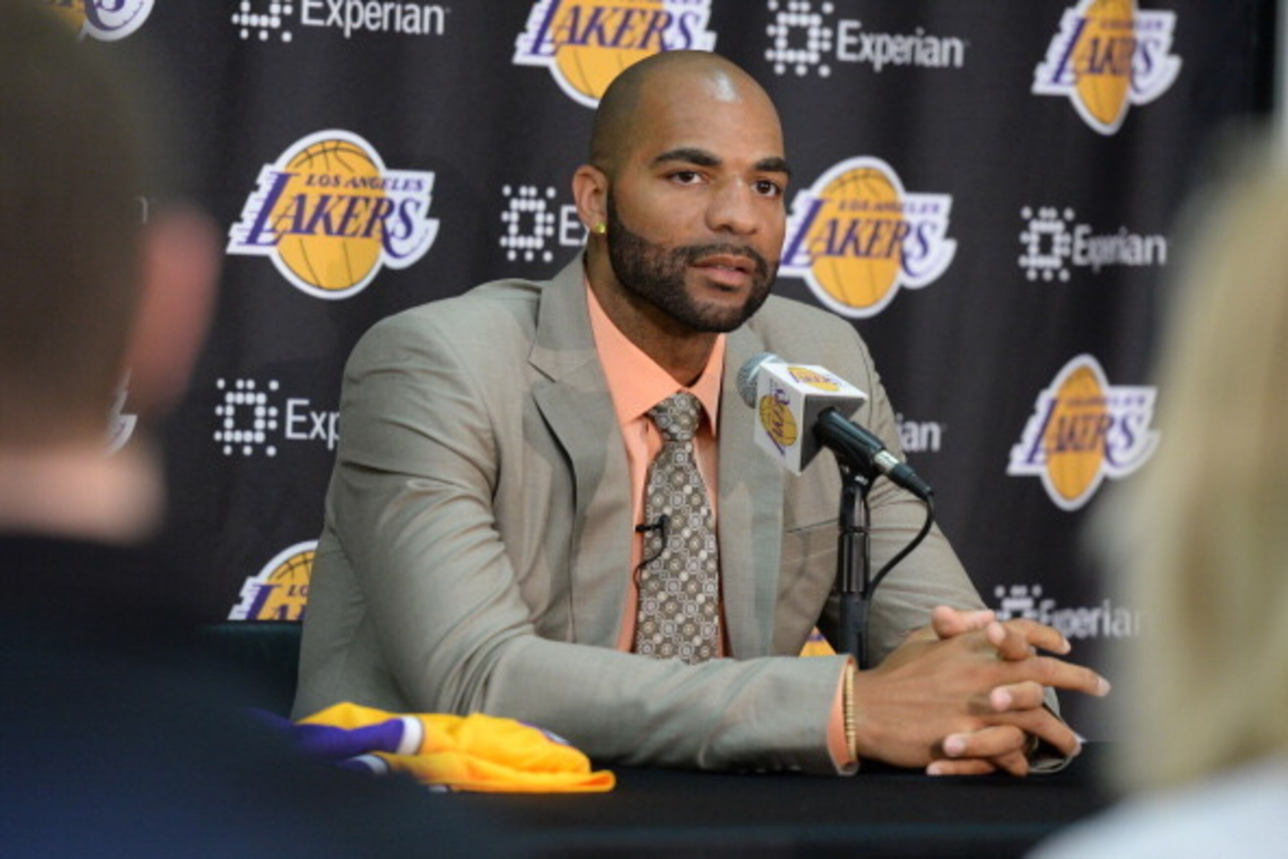 EL SEGUNDO, CA - JULY 25: Carlos Boozer #5 of the Los Angeles Lakers speaks to the media during a press conference at the Toyota Sports Center on July 25, 2014 in El Segundo, California. NOTE TO USER: User expressly acknowledges and agrees that, by downlo