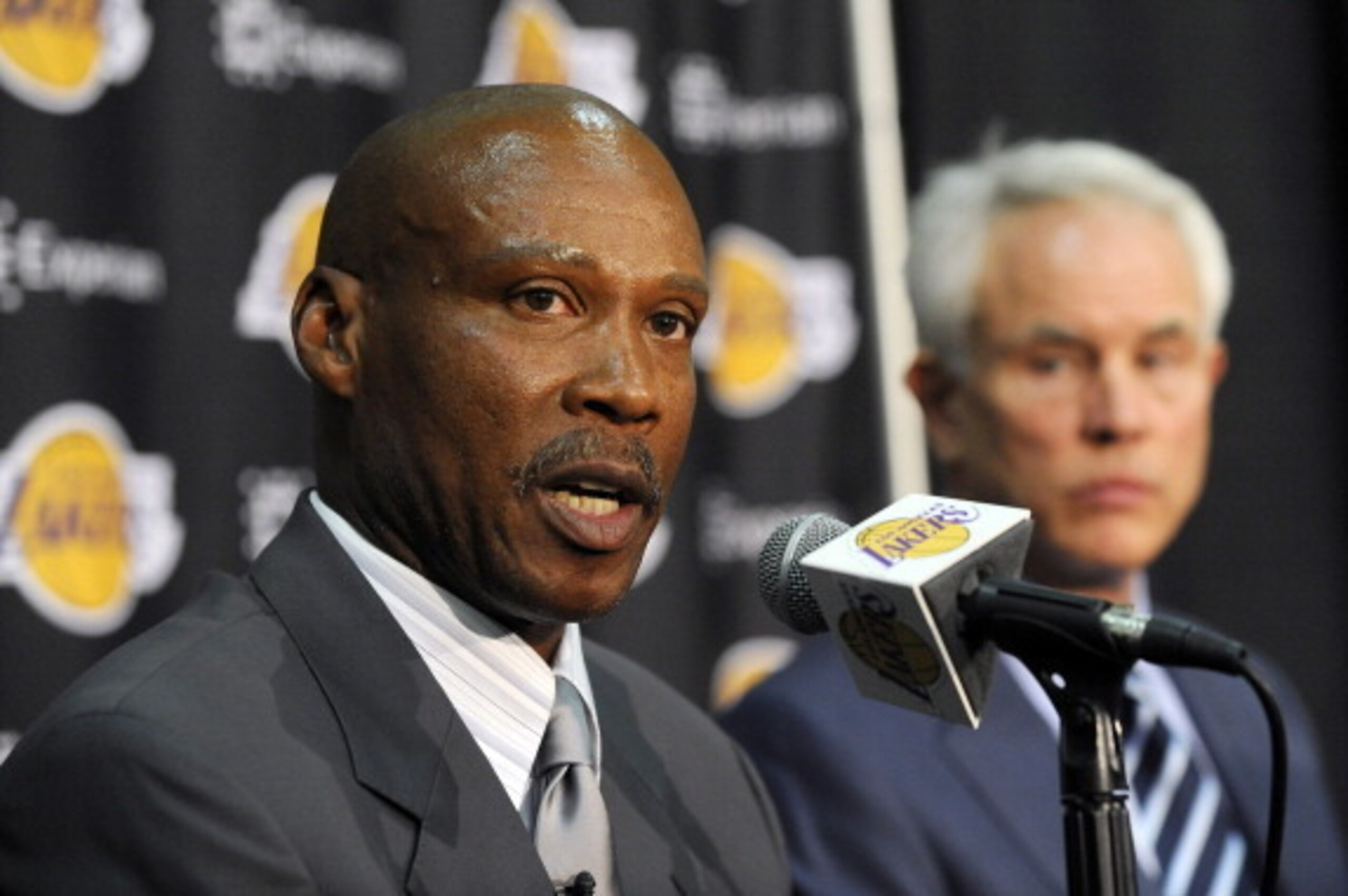 EL SEGUNDO, CA - JULY 29:  Byron Scott, new head coach of the Los Angeles Lakers, speaks to the media during a press conference on July 29, 2014 at Toyota Sports Center in El Segundo, California. NOTE TO USER: User expressly acknowledges and agrees that, 