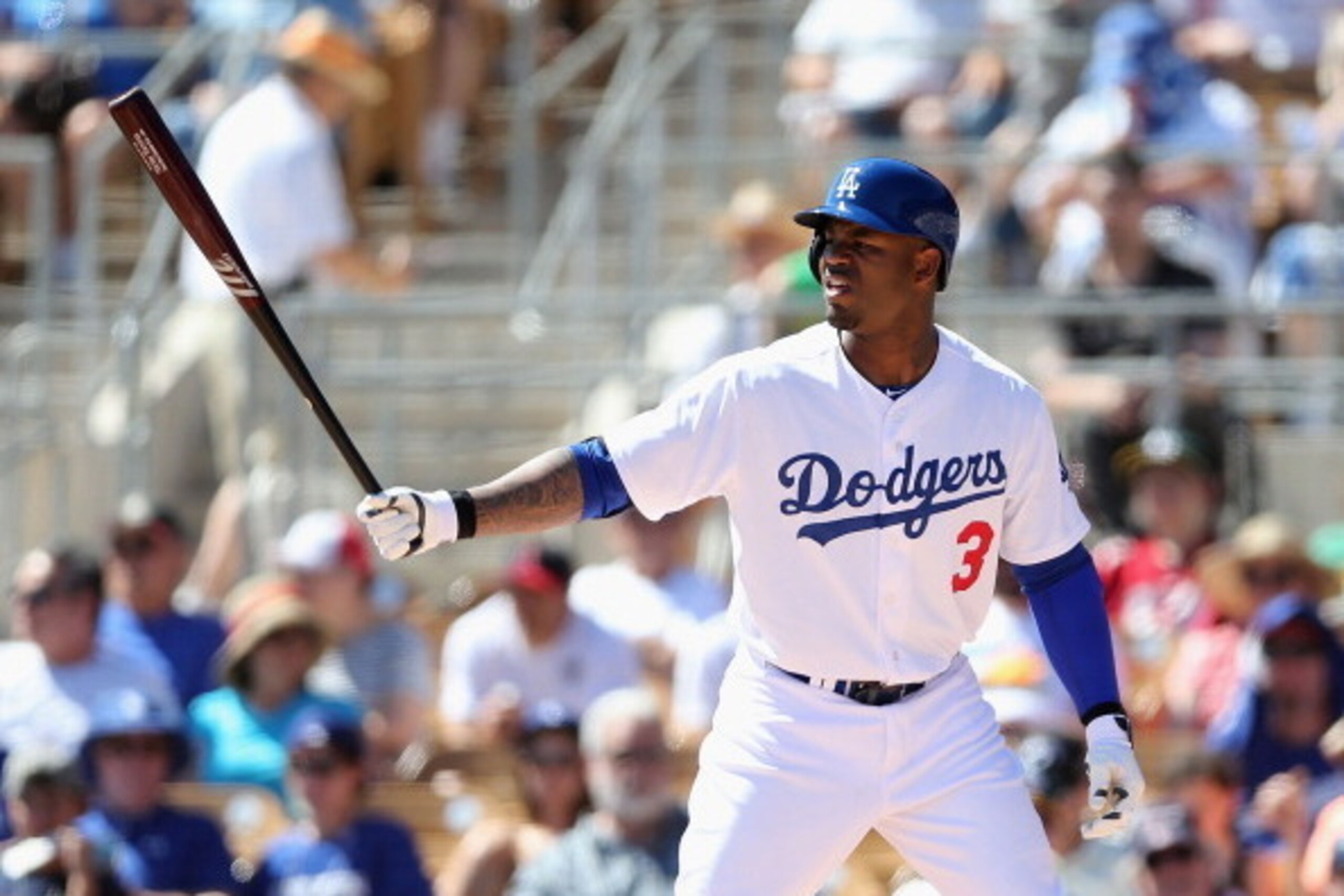 GLENDALE, AZ - MARCH 10:  Carl Crawford #3 of the Los Angeles Dodgers bats against the Oakland Athletics during the spring training game at Camelback Ranch on March 10, 2014 in Glendale, Arizona.  (Photo by Christian Petersen/Getty Images)