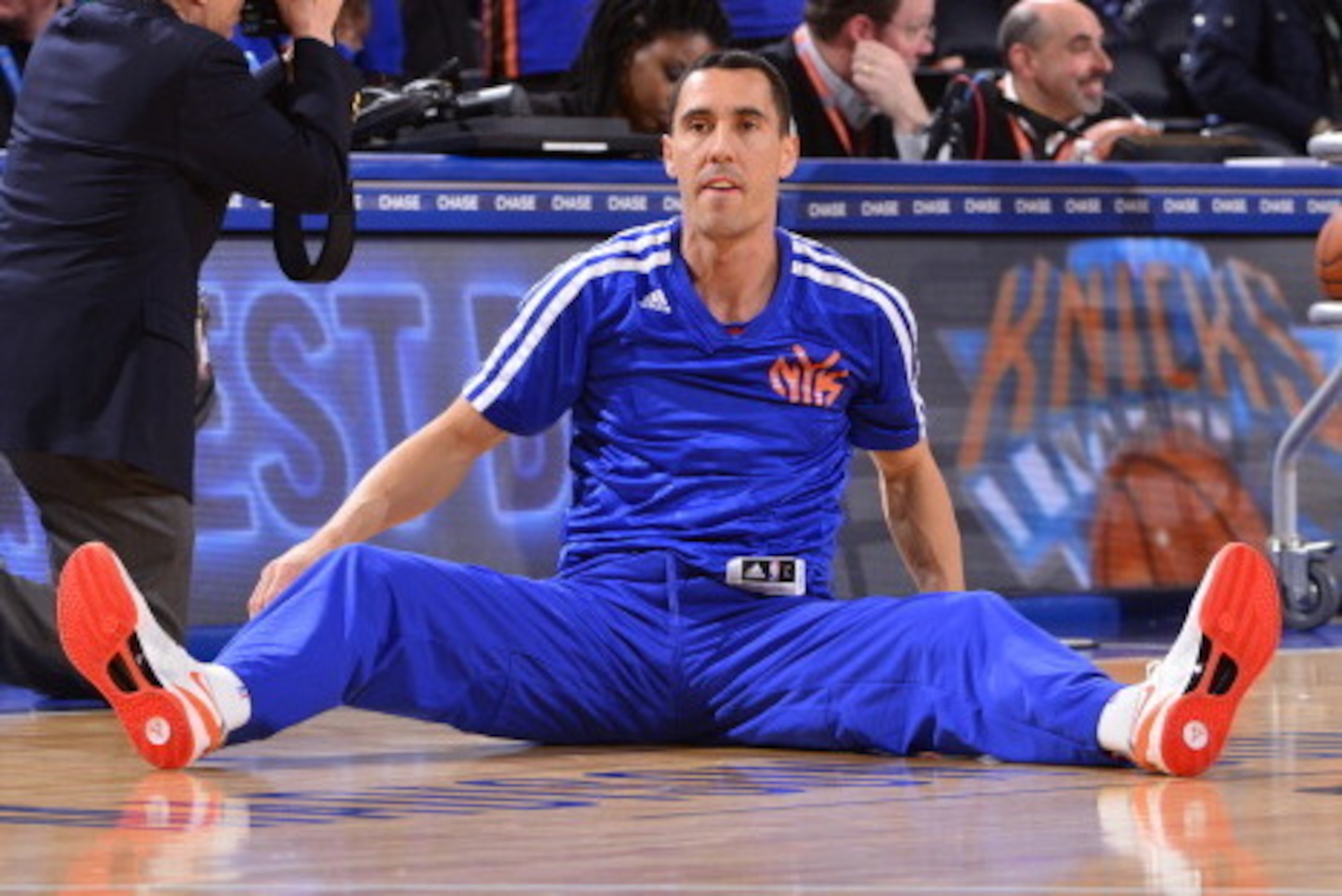 NEW YORK - JANUARY 24:   Pablo Prigioni #9 of the New York Knicks warms up before the game against the Charlotte Bobcats on January 24, 2014 at Madison Square Garden in New York City. NOTE TO USER: User expressly acknowledges and agrees that, by downloadi
