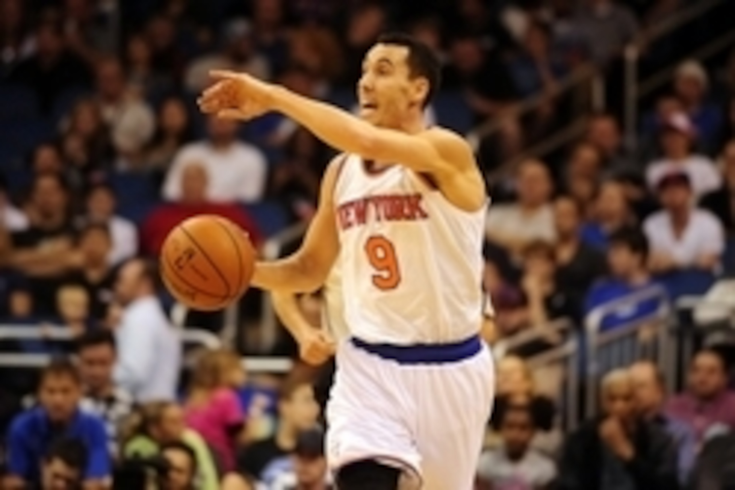 Feb 21, 2014; Orlando, FL, USA; New York Knicks point guard Pablo Prigioni (9) in the first half as the Knicks play the Magic at Amway Center. Mandatory Credit: David Manning-USA TODAY Sports