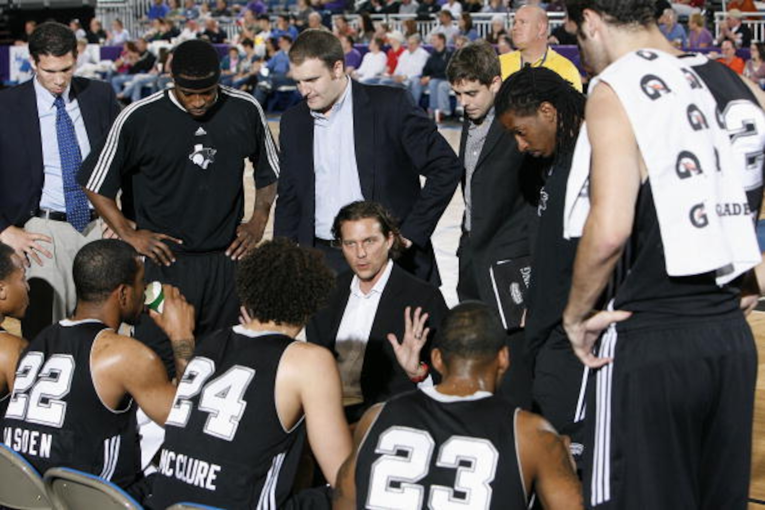 BISMARCK, ND - APRIL 8: Austin Toros head coach Quin Snyder talks to his team during a timeout against the Dakota Wizards during their NBA D-League round 1 playoff game April 8, 2010 at the Bismarck Civic Center in Bismarck, North Dakota. NOTE TO USER: Us