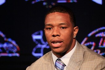 OWINGS MILLS, MD - MAY 23:  Running back Ray Rice of the Baltimore Ravens addresses a news conference with his wife Janay (not pictured) at the Ravens training center on May 23, 2014 in Owings Mills, Maryland. Rice spoke publicly for the first time since 