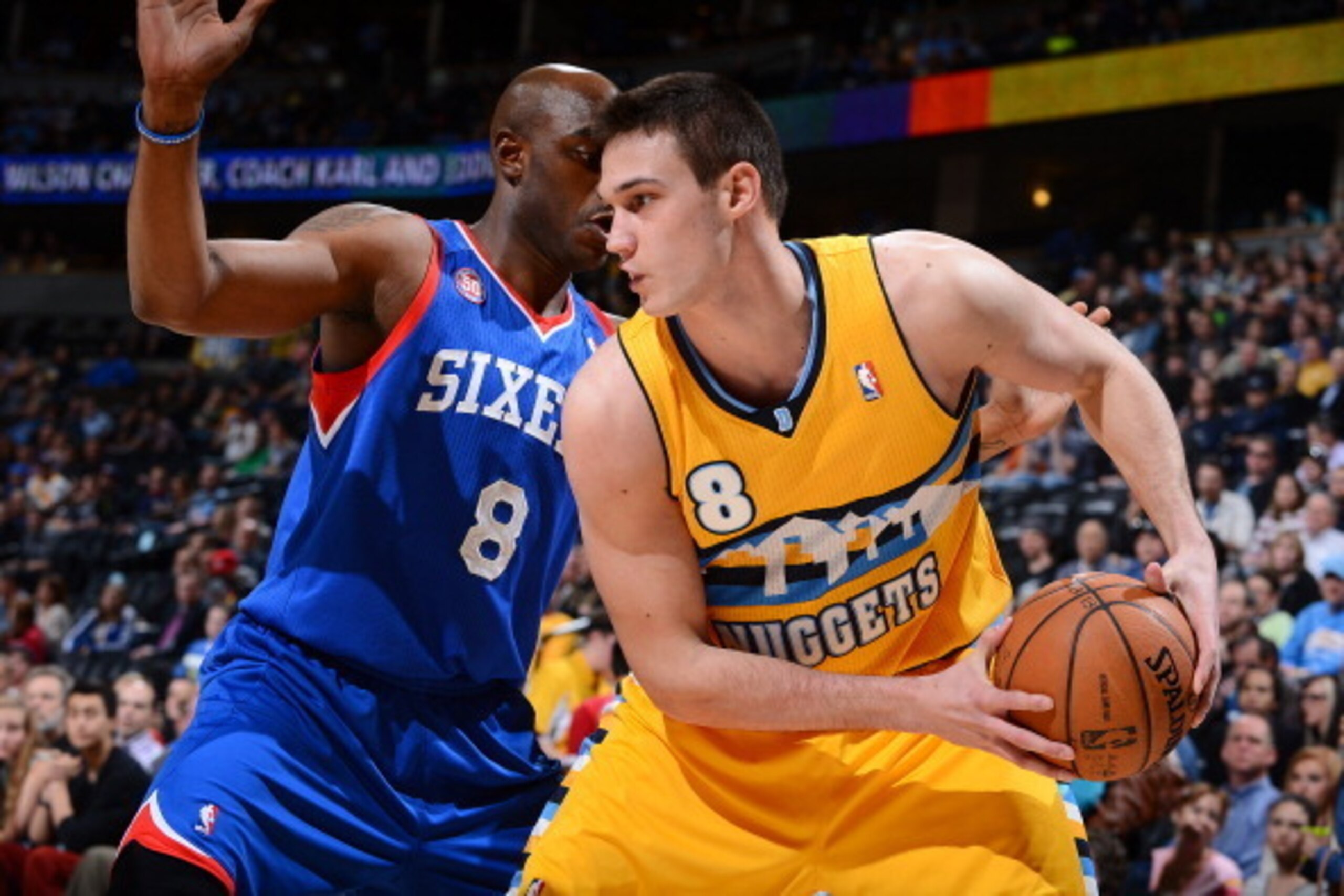 DENVER, CO - MARCH 21: Danilo Gallinari #8 of the Denver Nuggets controls the ball against Damien Wilkins #8 of the Philadelphia 76ers on March 21, 2013 at the Pepsi Center in Denver, Colorado. NOTE TO USER: User expressly acknowledges and agrees that, by DENVER, CO - MARCH 21: Danilo Gallinari #8 of the Denver Nuggets controls the ball against Damien Wilkins #8 of the Philadelphia 76ers on March 21, 2013 at the Pepsi Center in Denver, Colorado. NOTE TO USER: User expressly acknowledges and agrees that, by