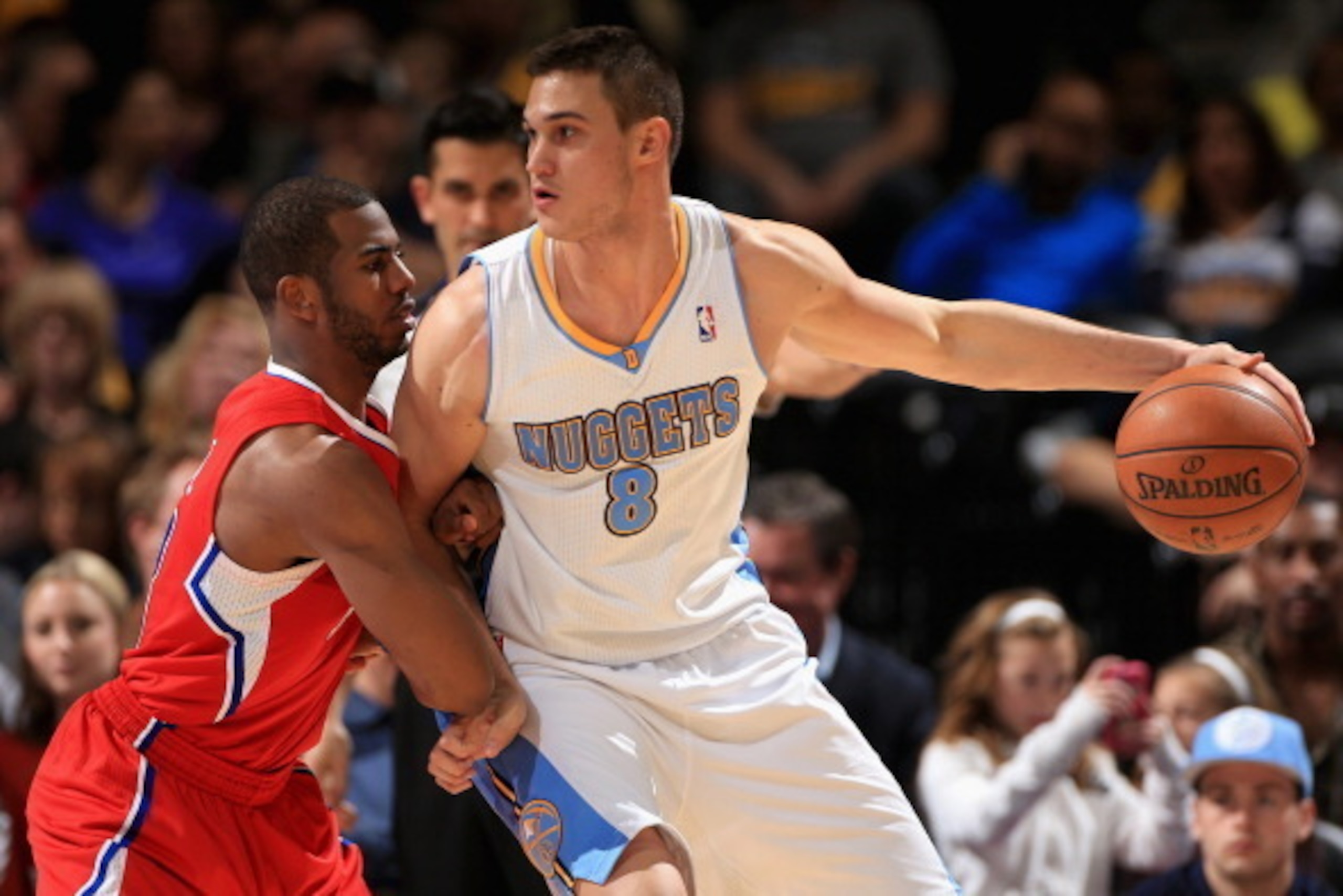 DENVER, CO - MARCH 07: Danilo Gallinari #8 of the Denver Nuggets controls the ball against Chris Paul #3 of the Los Angeles Clippers at the Pepsi Center on March 7, 2013 in Denver, Colorado. NOTE TO USER: User expressly acknowledges and agrees that, by d DENVER, CO - MARCH 07: Danilo Gallinari #8 of the Denver Nuggets controls the ball against Chris Paul #3 of the Los Angeles Clippers at the Pepsi Center on March 7, 2013 in Denver, Colorado. NOTE TO USER: User expressly acknowledges and agrees that, by d