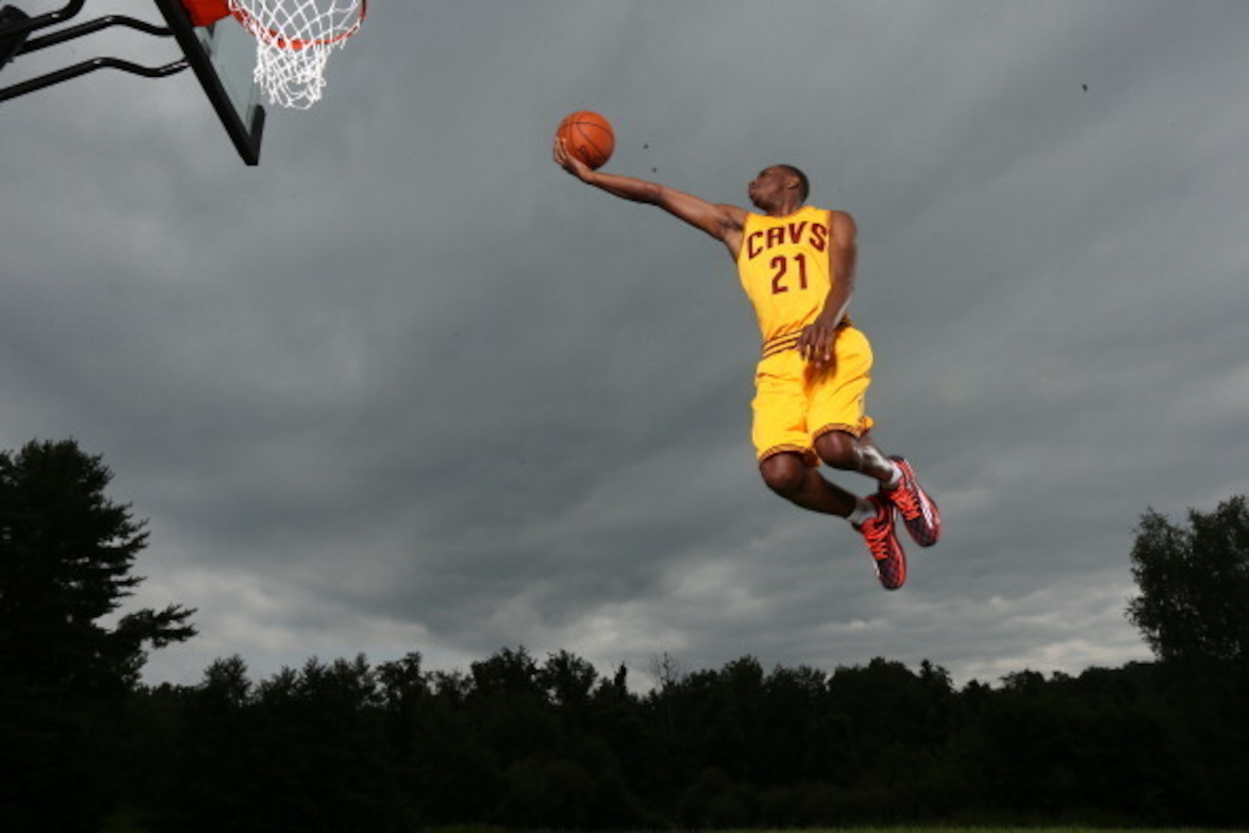 TARRYTOWN, NY - AUGUST 3: Andrew Wiggins #21 of the Cleveland Cavaliers poses for a portrait during the 2014 NBA rookie photo shoot on August 3, 2014 at the Madison Square Garden Training Facility in Tarrytown, New York. NOTE TO USER: User expressly ackno