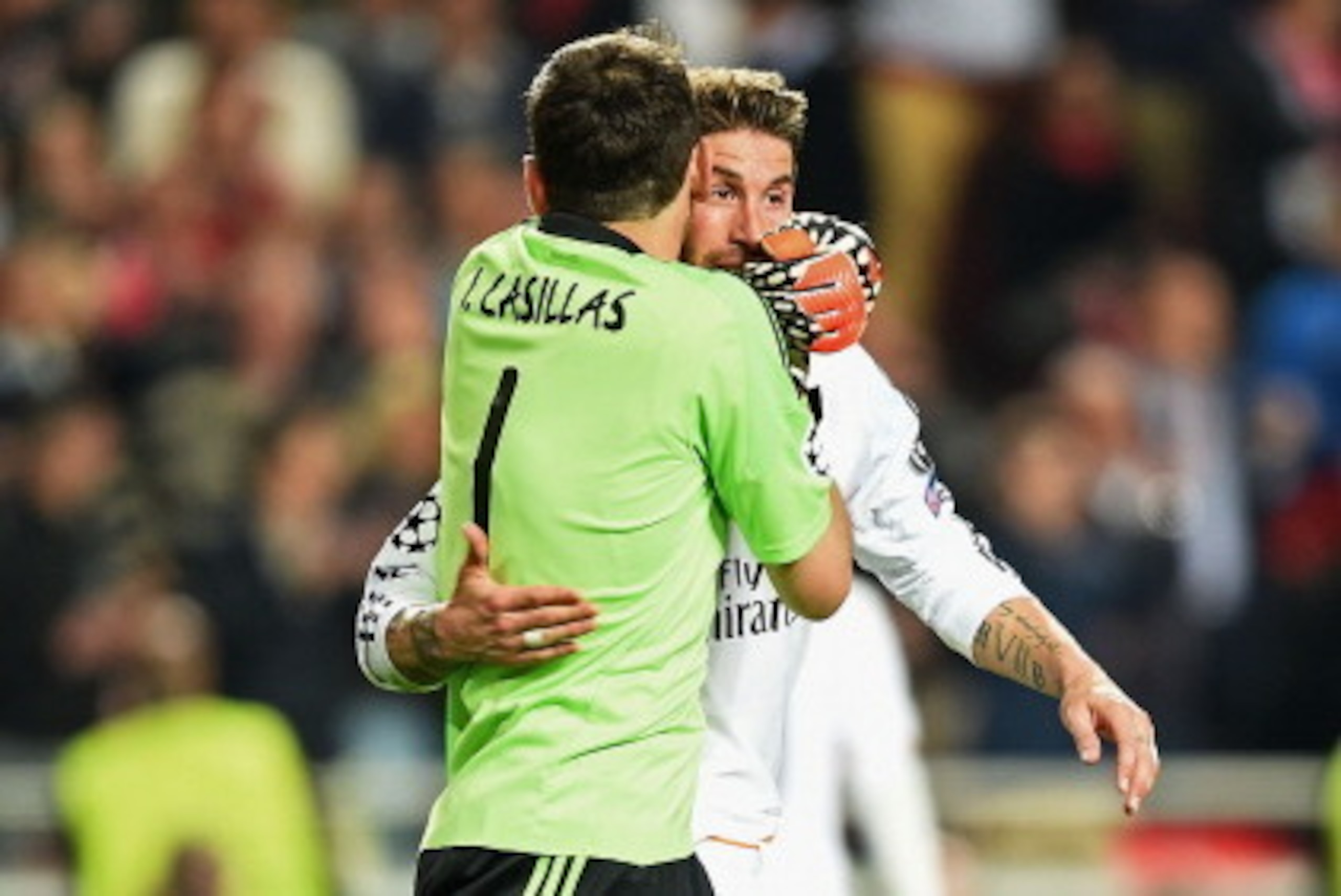 LISBON, PORTUGAL - MAY 24:  Iker Casillas of Real Madrid hugs Sergio Ramos of Real Madrid during the UEFA Champions League Final between Real Madrid and Atletico de Madrid at Estadio da Luz on May 24, 2014 in Lisbon, Portugal.  (Photo by Laurence Griffith