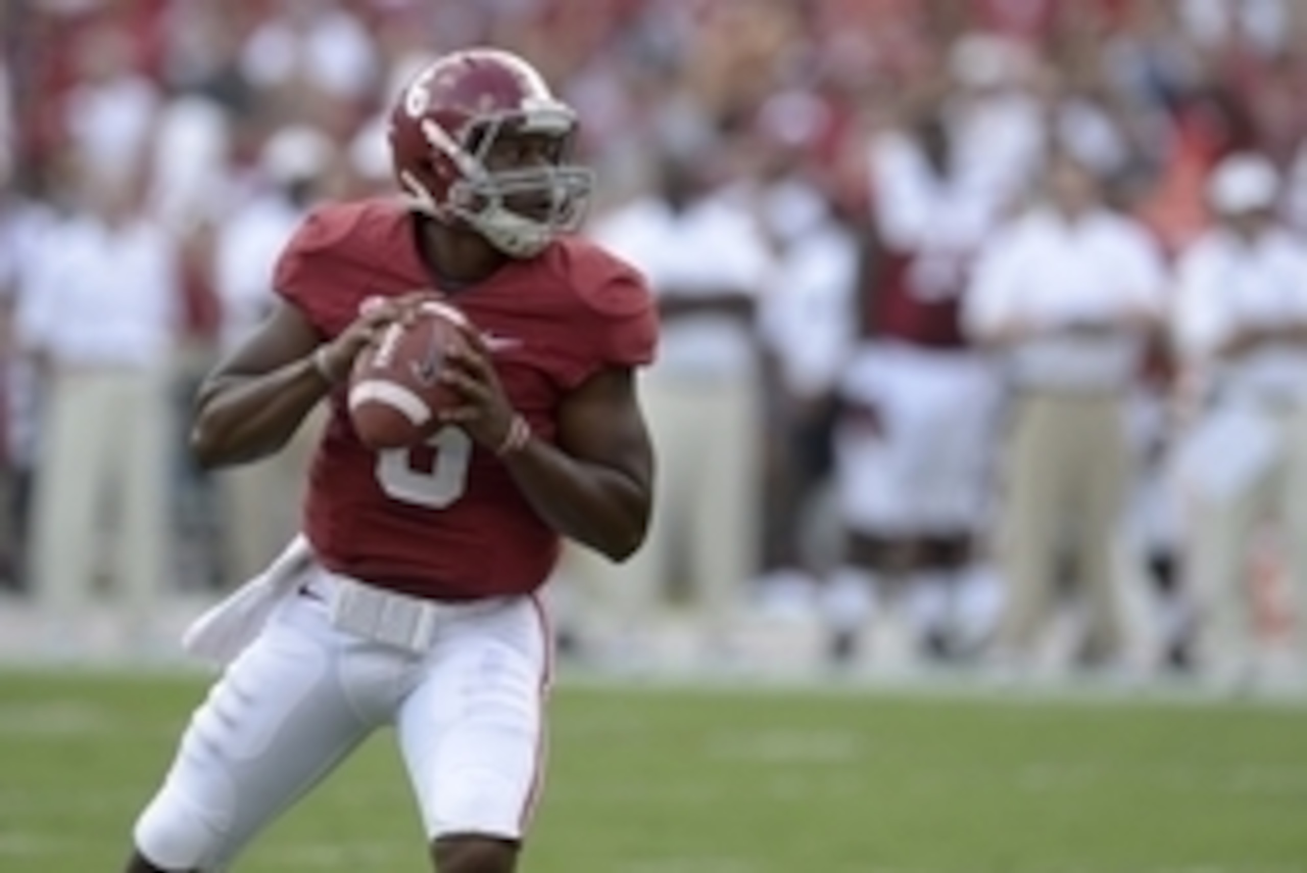 Oct 5, 2013; Tuscaloosa, AL, USA; Alabama Crimson Tide quarterback Blake Sims (6) drops back to pass against the Georgia State Panthers during the second quarter at Bryant-Denny Stadium. Mandatory Credit: John David Mercer-USA TODAY Sports