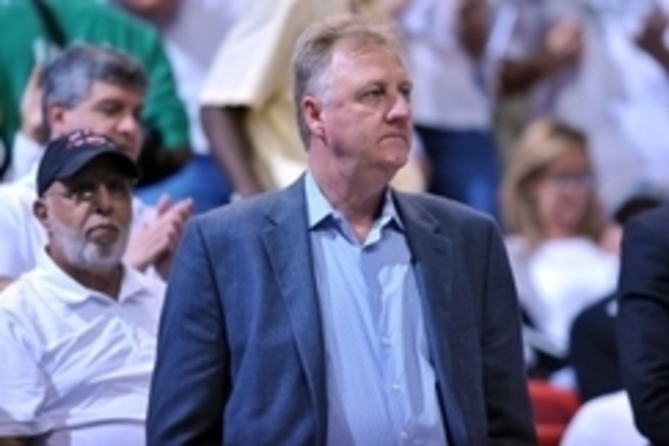 May 24, 2014; Miami, FL, USA;  Indiana Pacers president Larry Bird watches the game against the Miami Heat in game three of the Eastern Conference Finals of the 2014 NBA Playoffs at American Airlines Arena. Miami Heat defeated the Indiana Pacers 99-87. Ma