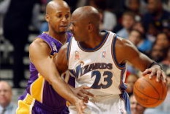 2 Apr 2002:  Guard Michael Jordan #23 of the Washington Wizards posts up point guard Brian Shaw #20 of the Los Angeles Lakers during the NBA game at MCI Center in Washington, District of Columbia.  The Lakers won 113-93.  Mandatory Credit: Mitchell Layton