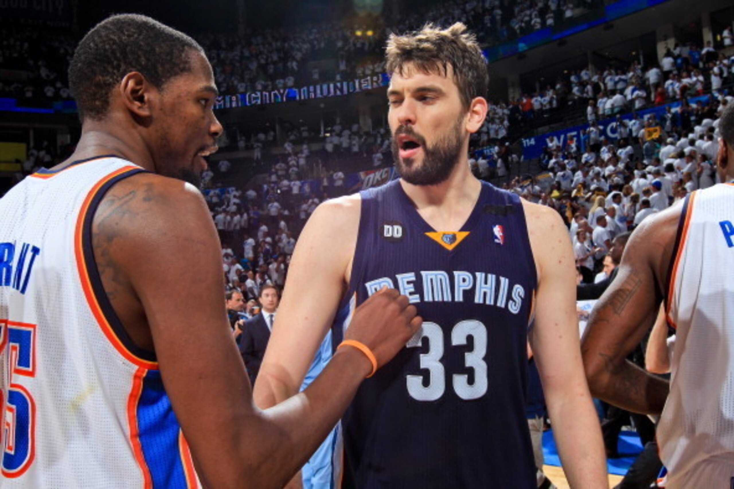 OKLAHOMA CITY, OK - MAY 15: Marc Gasol #33 of the Memphis Grizzlies greets Kevin Durant #35 of the Oklahoma City Thunder following his team's series win against the Thunder in Game Five of the Western Conference Semifinals during the 2013 NBA Playoffs on 